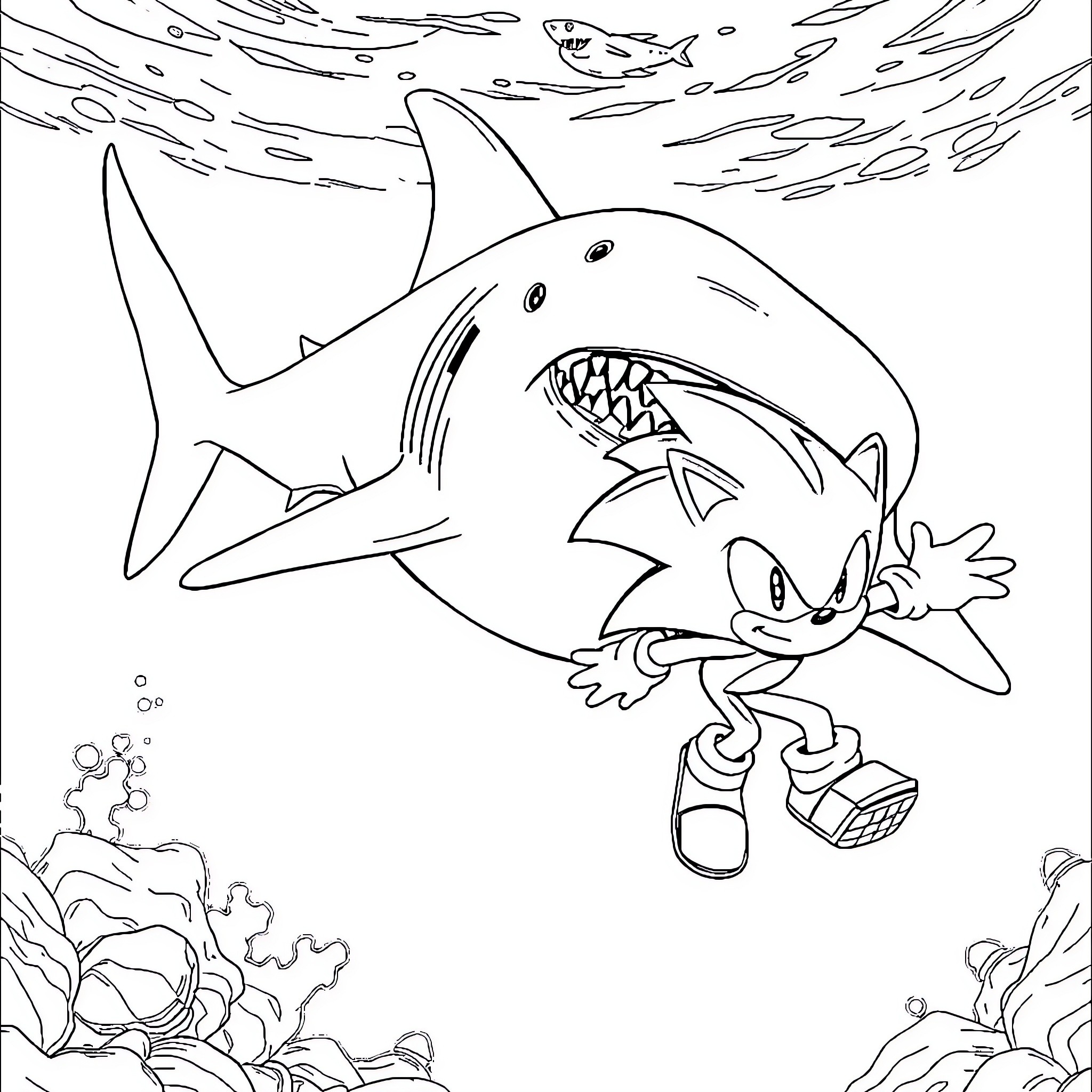 Megalodon shark chases frightened character in underwater scene Coloring Page (free black-and-white line drawing printable PDF for all, from beginners to advanced learners, including children, teens, adults, and seniors)