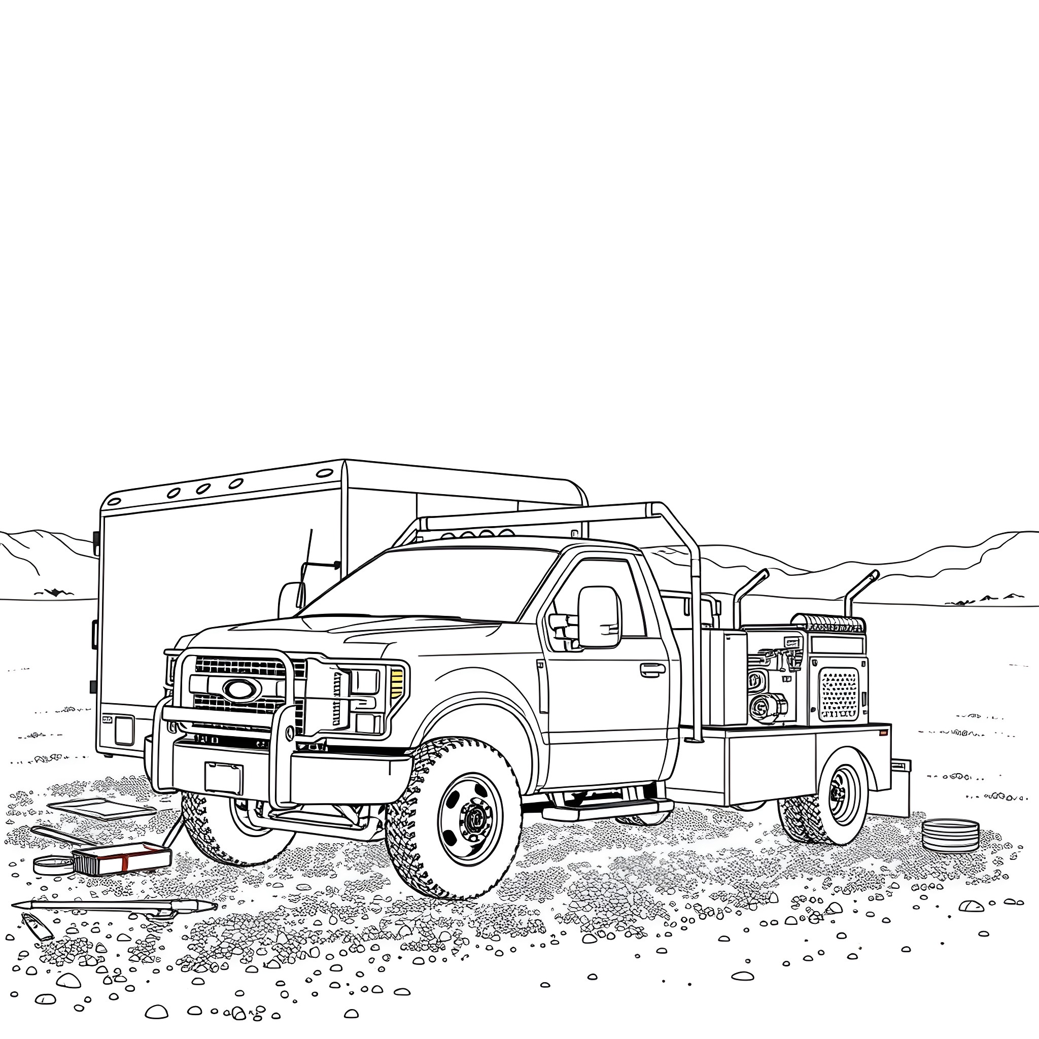 Gooseneck Trailer Truck Parked on a Rocky Landscape Coloring Page (free black-and-white line drawing printable PDF for all, from beginners to advanced learners, including children, teens, adults, and seniors)
