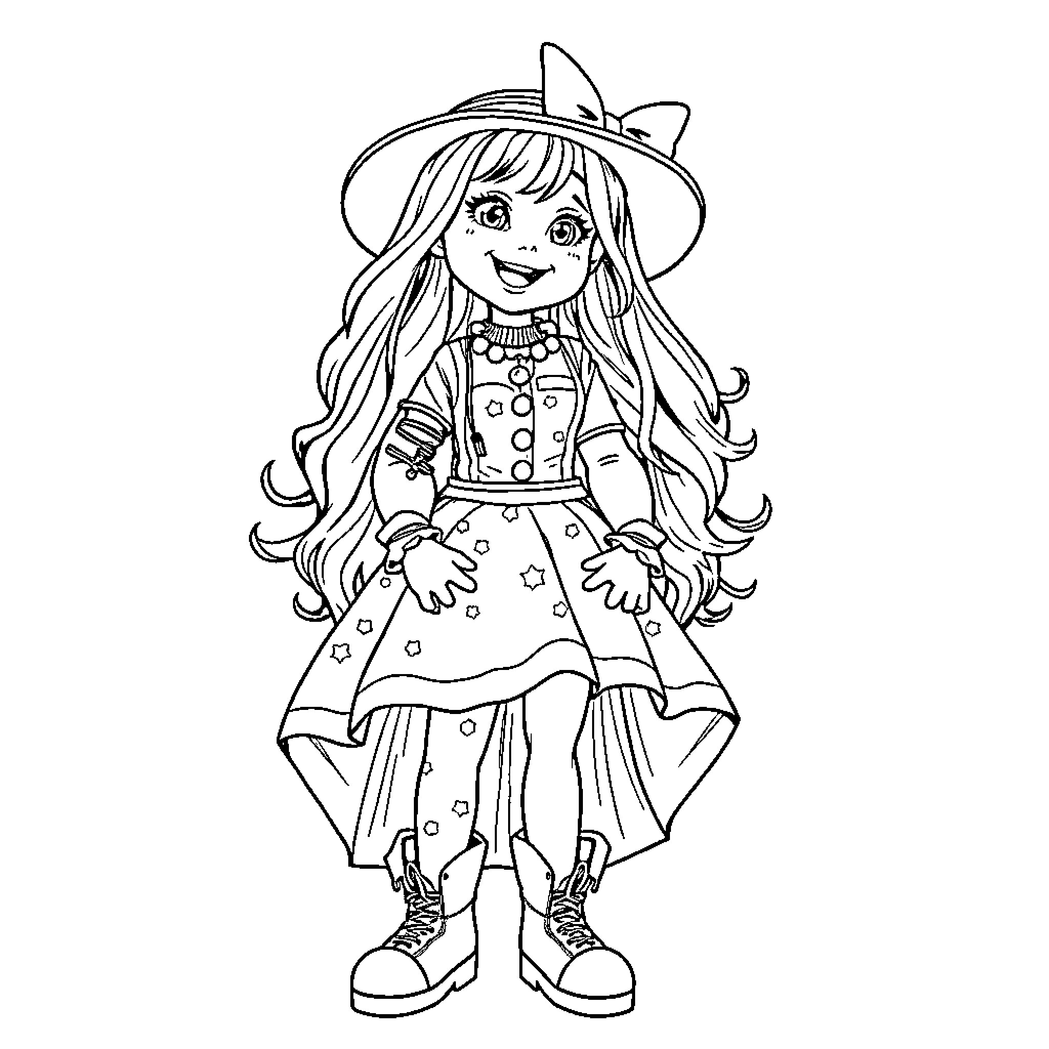 Sabrina Carpenter as a whimsical young girl in a fanciful outfit Coloring Page (free black-and-white line drawing printable PDF for all, from beginners to advanced learners, including children, teens, adults, and seniors)
