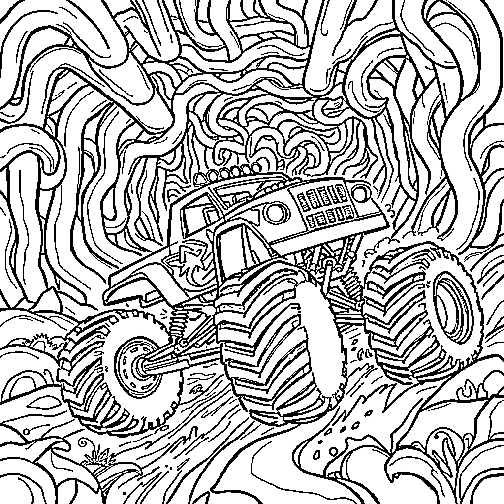 Monster Truck Crushing Through Swirling Landscape Coloring Page (free black-and-white line drawing printable PDF for all, from beginners to advanced learners, including children, teens, adults, and seniors)