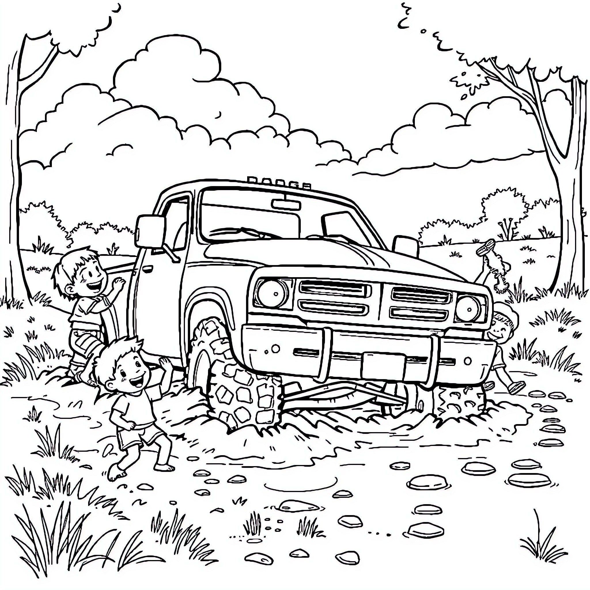 Dodge Truck Stuck in Muddy Field Coloring Page (free black-and-white line drawing printable PDF for all, from beginners to advanced learners, including children, teens, adults, and seniors)