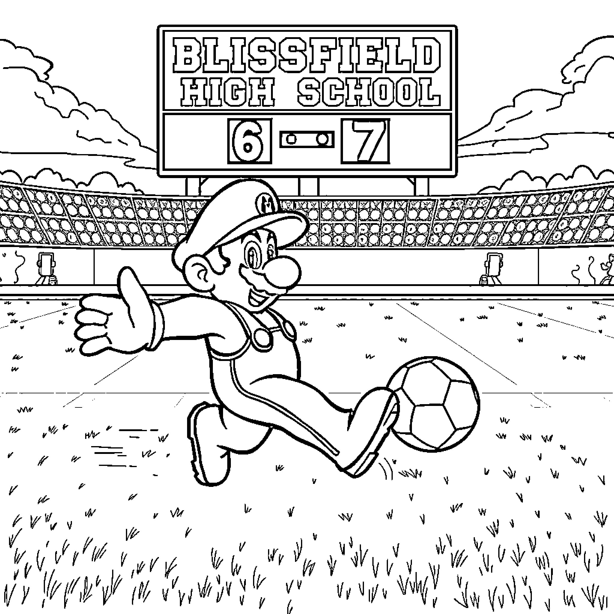 Super Mario playing soccer in a high school stadium Coloring Page (free black-and-white line drawing printable PDF for all, from beginners to advanced learners, including children, teens, adults, and seniors)