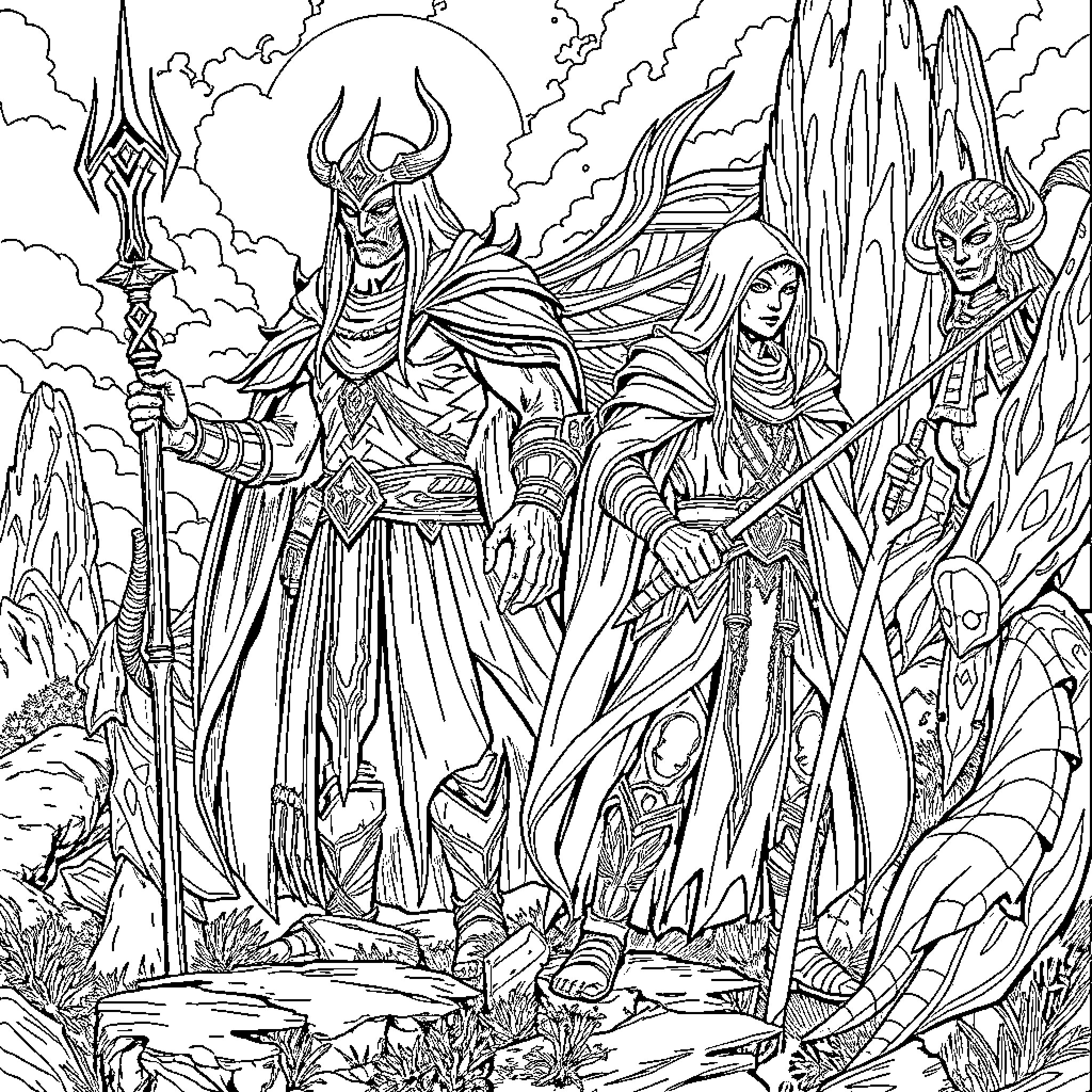 Planeswalker warriors exploring a fantastical landscape Coloring Page (free black-and-white line drawing printable PDF for all, from beginners to advanced learners, including children, teens, adults, and seniors)