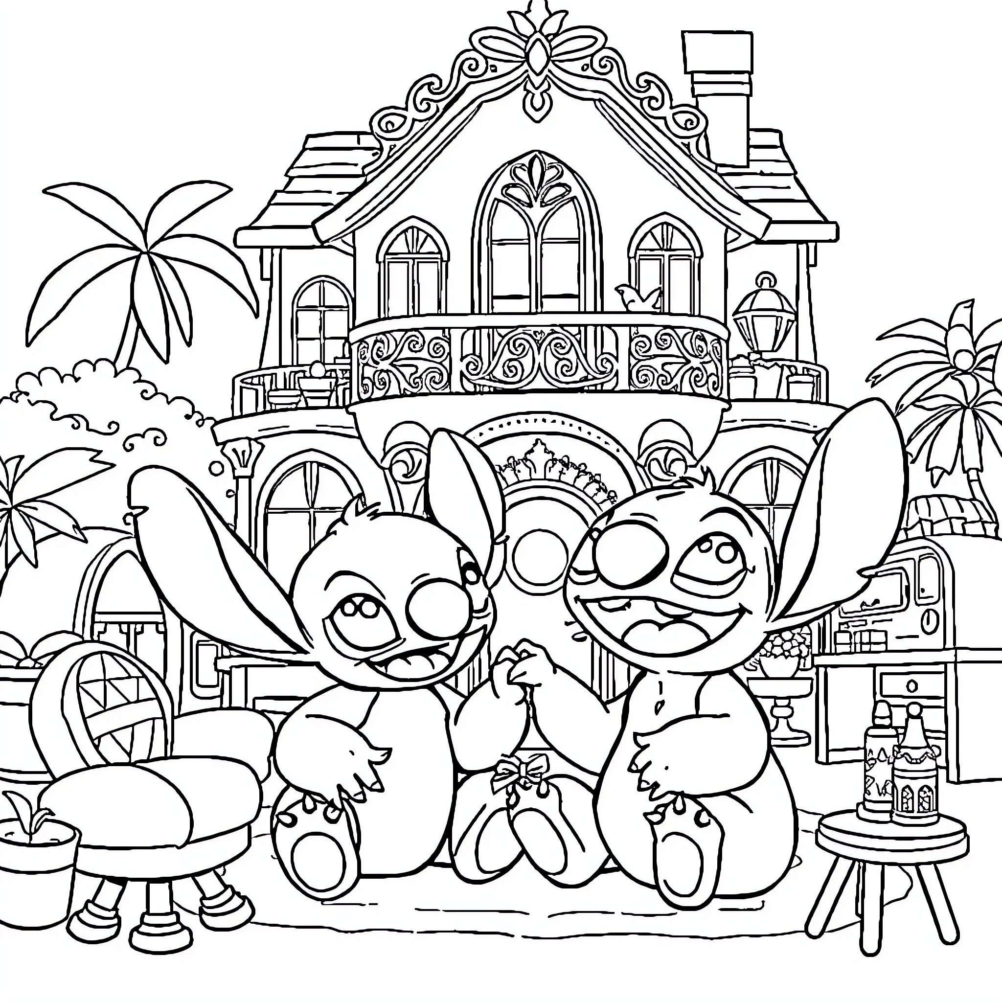 Lilo and Stitch's Cheerful Hawaiian Adventure Coloring Page (free black-and-white line drawing printable PDF for all, from beginners to advanced learners, including children, teens, adults, and seniors)