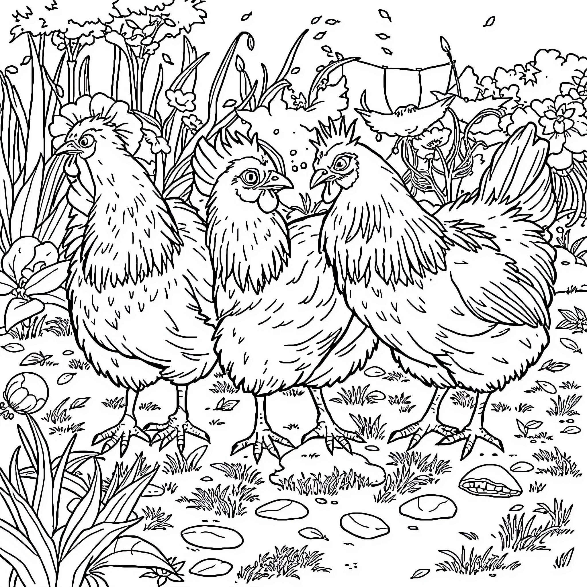 Silky Bantam Chickens Explore Lush Garden Scene Coloring Page (free black-and-white line drawing printable PDF for all, from beginners to advanced learners, including children, teens, adults, and seniors)