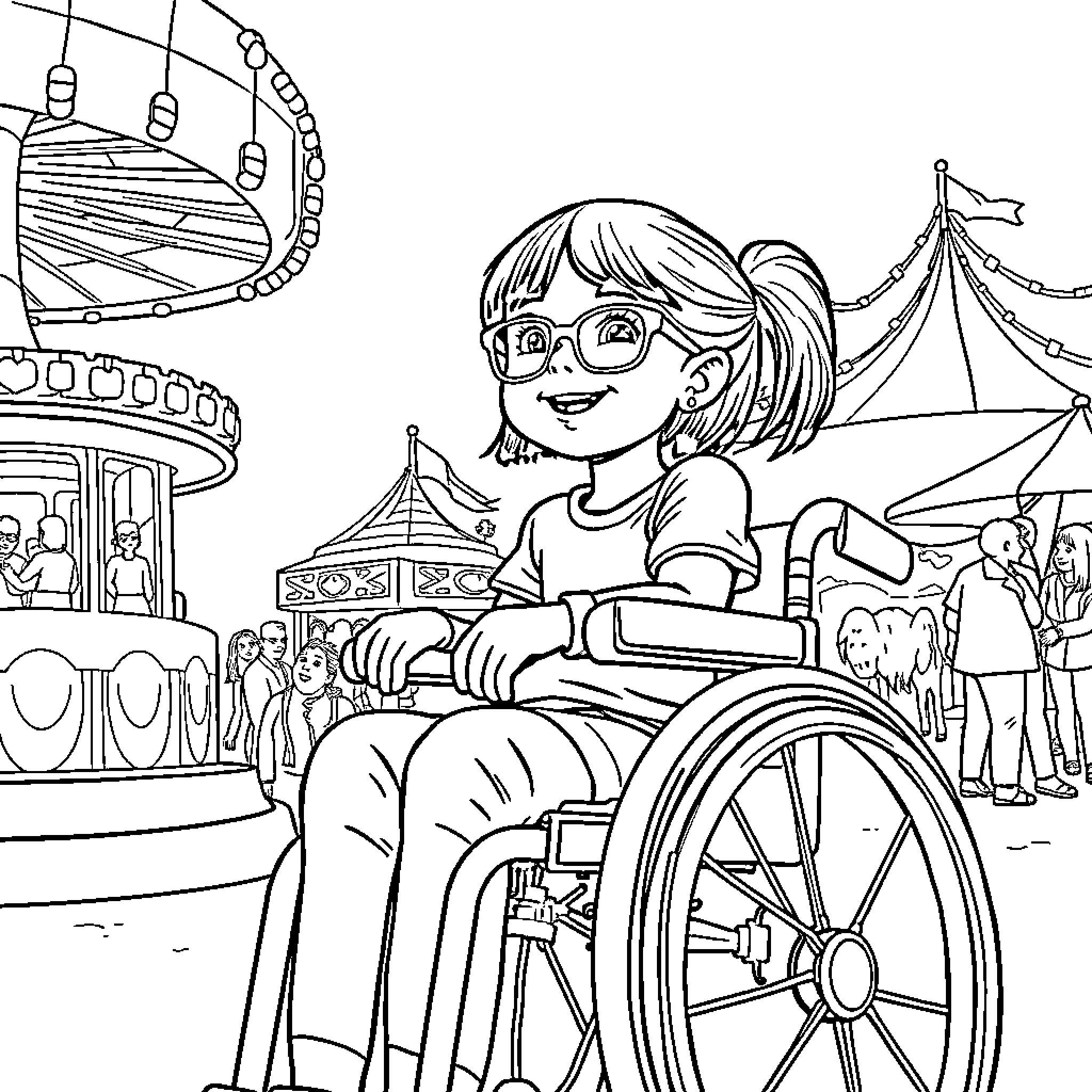 Girl enjoying the carnival from her wheelchair Coloring Page (free black-and-white line drawing printable PDF for all, from beginners to advanced learners, including children, teens, adults, and seniors)