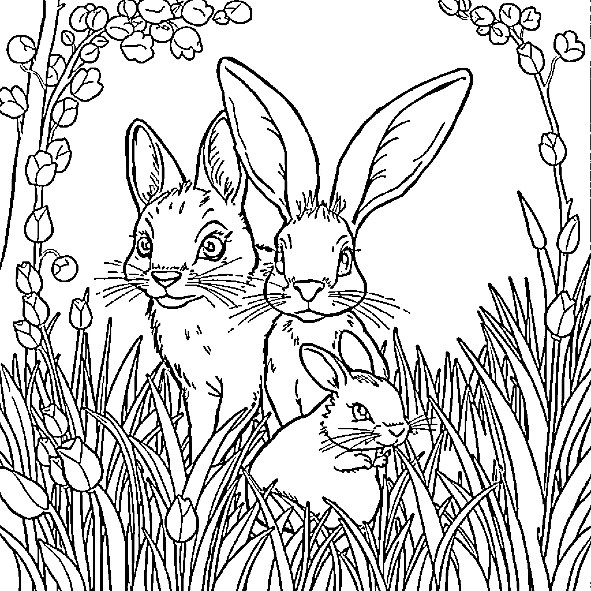 Fox rabbits playing in a floral garden Coloring Page (free black-and-white line drawing printable PDF for all, from beginners to advanced learners, including children, teens, adults, and seniors)