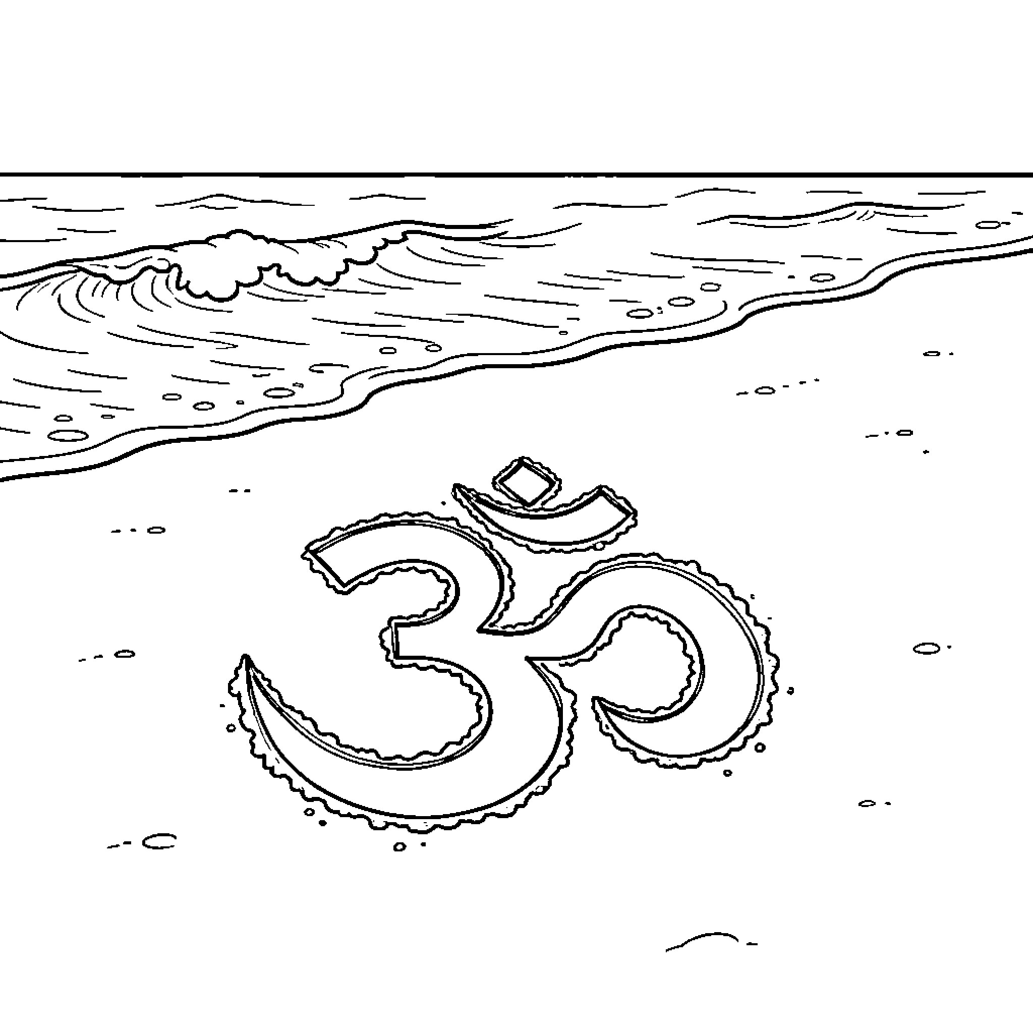 Om symbol on serene beach scene Coloring Page (free black-and-white line drawing printable PDF for all, from beginners to advanced learners, including children, teens, adults, and seniors)
