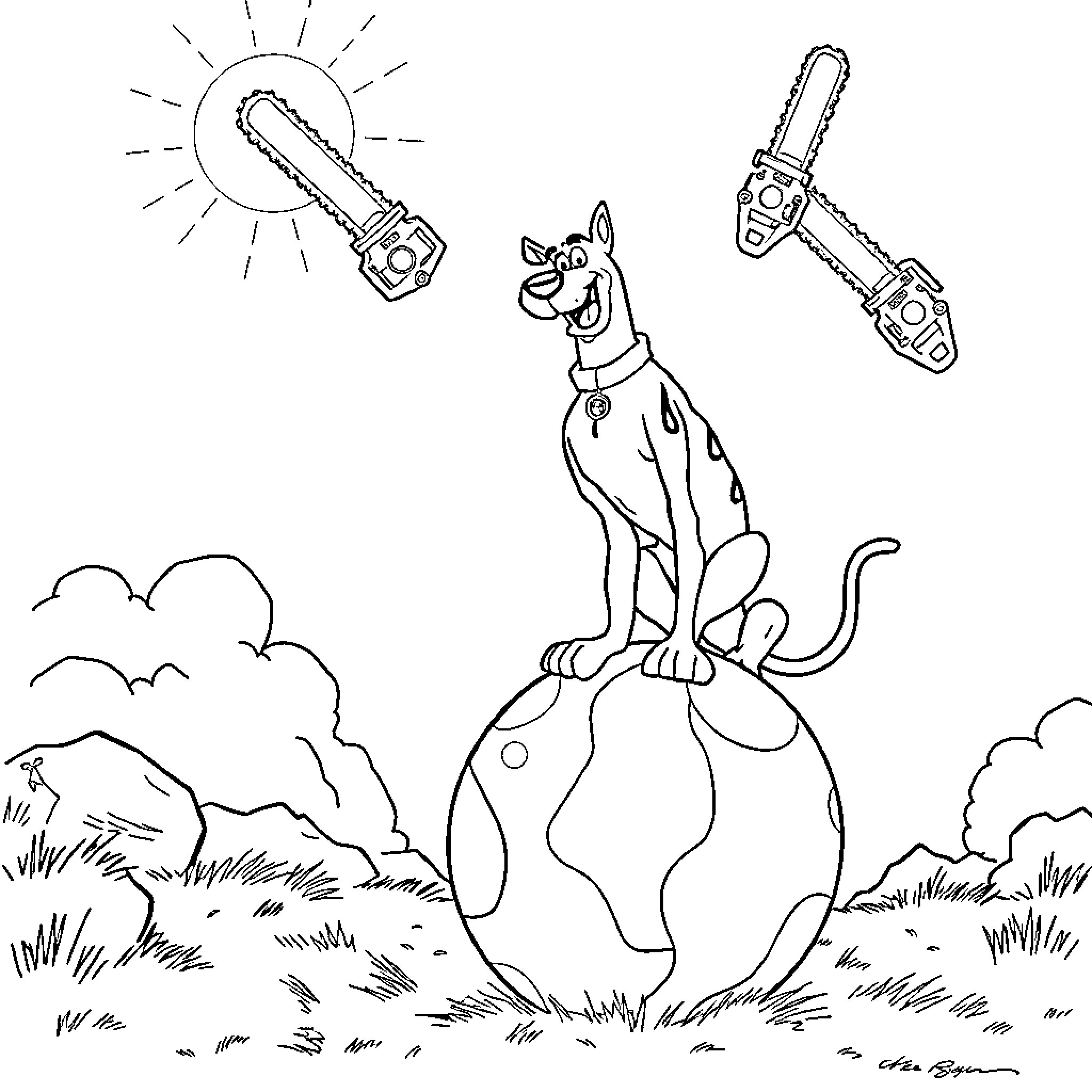 Scooby Doo exploring an enchanted forest landscape Coloring Page (free black-and-white line drawing printable PDF for all, from beginners to advanced learners, including children, teens, adults, and seniors)