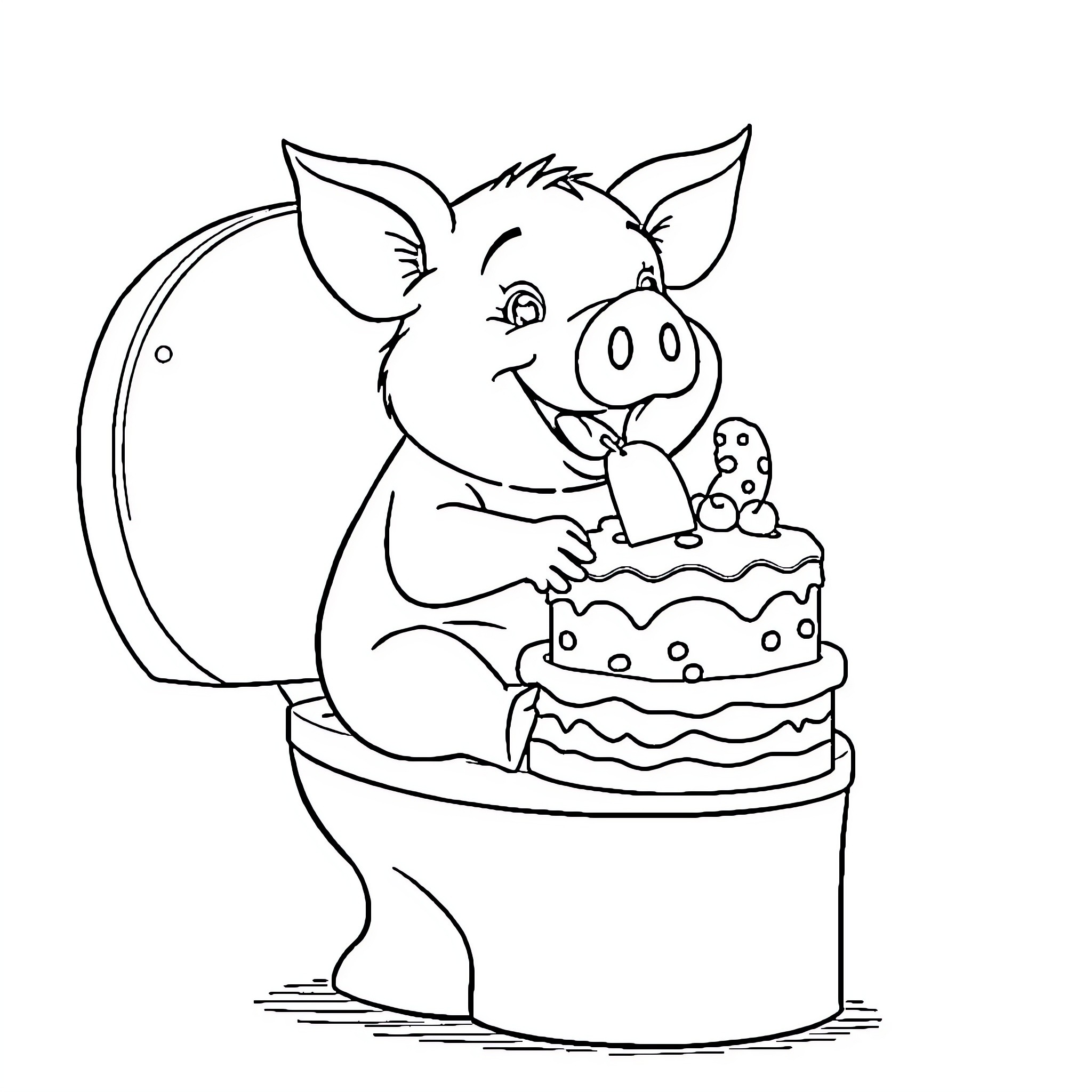 Pig enjoying birthday cake Coloring Page (free black-and-white line drawing printable PDF for all, from beginners to advanced learners, including children, teens, adults, and seniors)