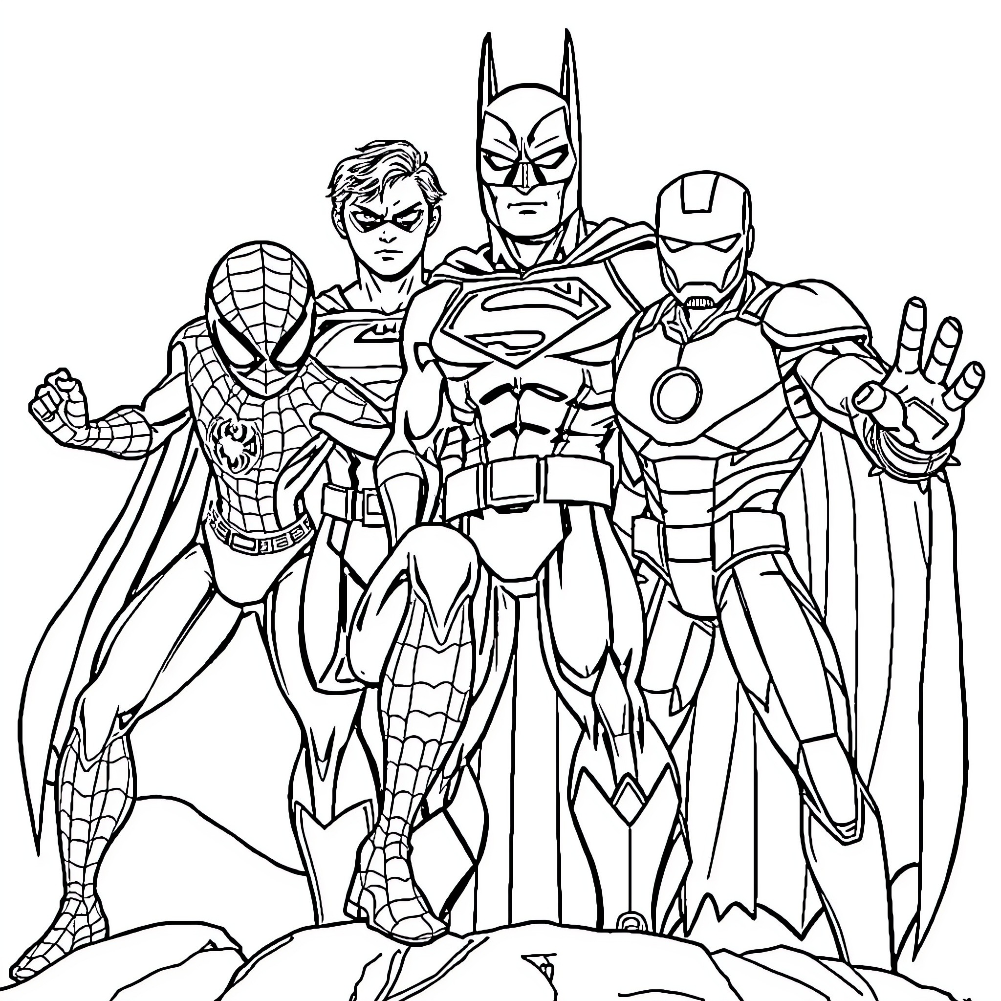 Superhero Team Standing Tall and Ready for Action Coloring Page (free black-and-white line drawing printable PDF for all, from beginners to advanced learners, including children, teens, adults, and seniors)
