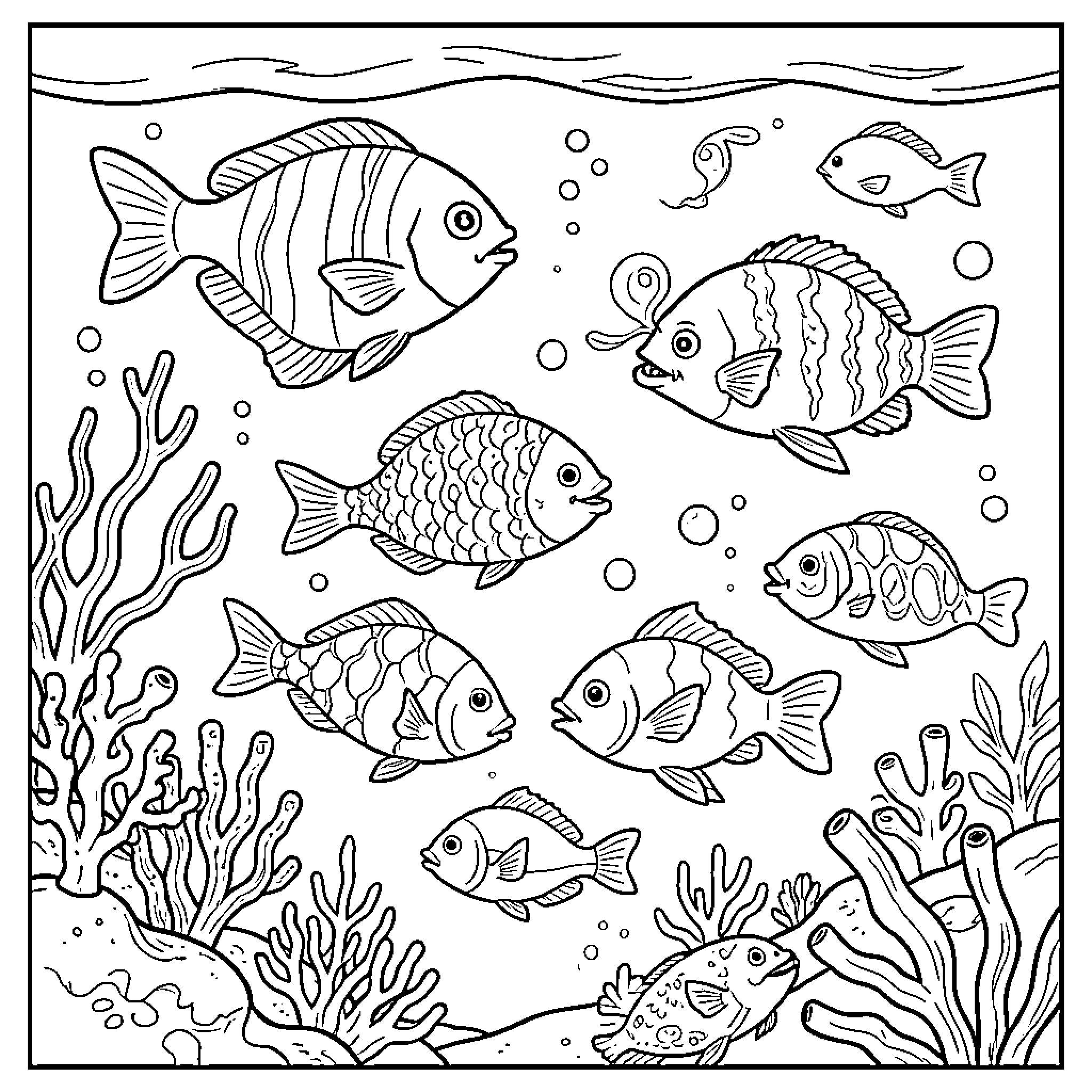 Sea Creatures Swimming in the Underwater Wonderland Coloring Page (free black-and-white line drawing printable PDF for all, from beginners to advanced learners, including children, teens, adults, and seniors)