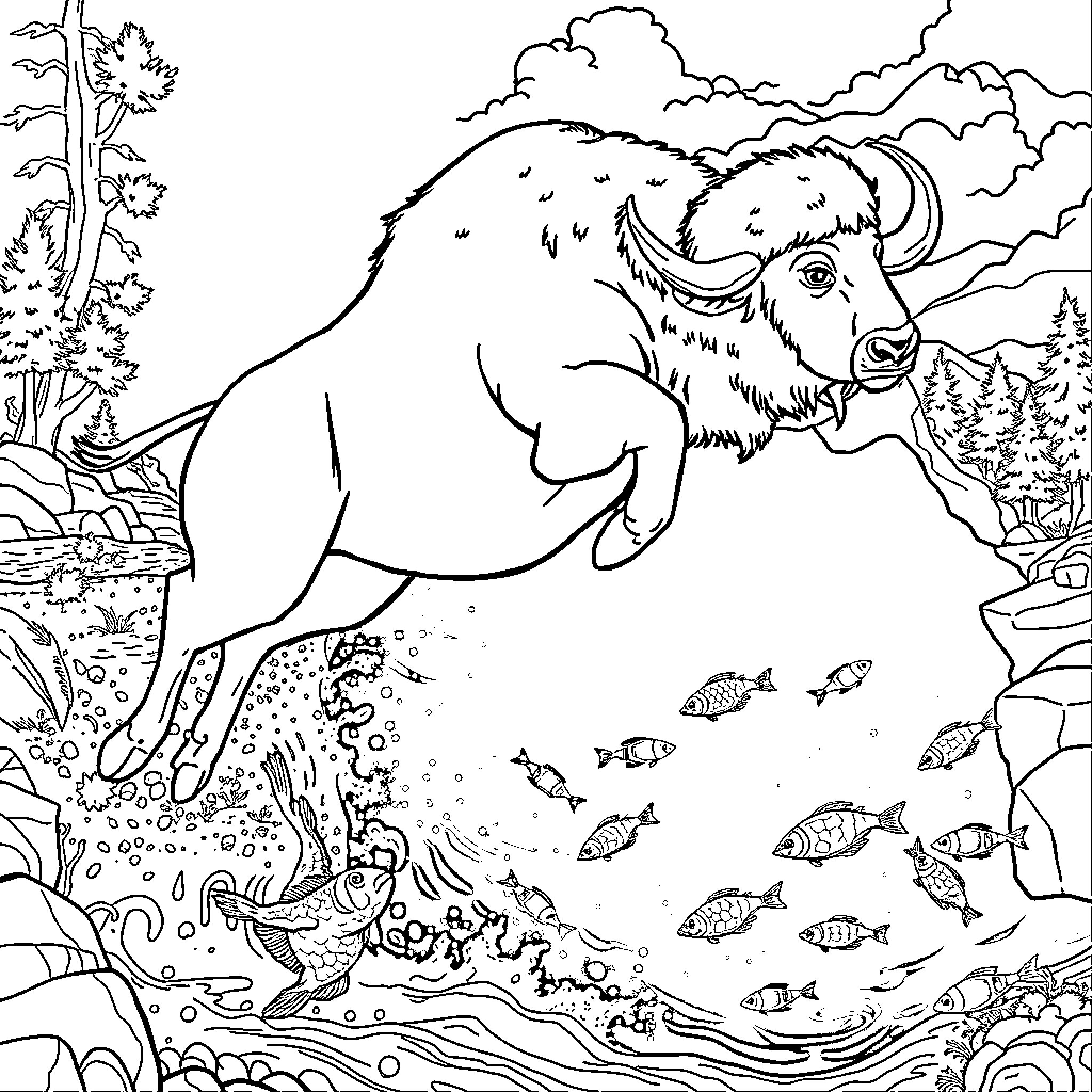 Buffalo roaming through a nature scene Coloring Page (free black-and-white line drawing printable PDF for all, from beginners to advanced learners, including children, teens, adults, and seniors)