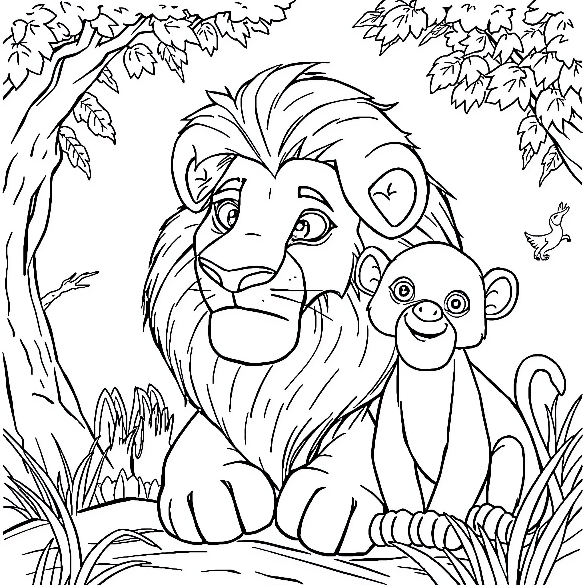 Lion and Monkey in the Jungle Landscape Coloring Page (free black-and-white line drawing printable PDF for all, from beginners to advanced learners, including children, teens, adults, and seniors)