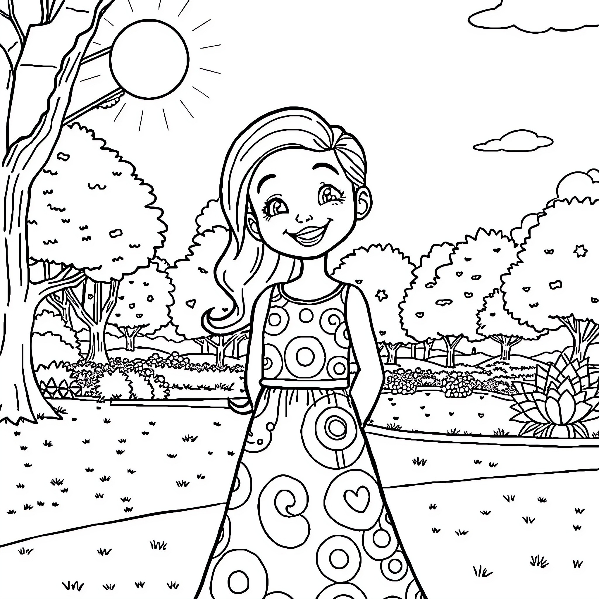 Ellie's Joyful Day in the Park Coloring Page (free black-and-white line drawing printable PDF for all, from beginners to advanced learners, including children, teens, adults, and seniors)