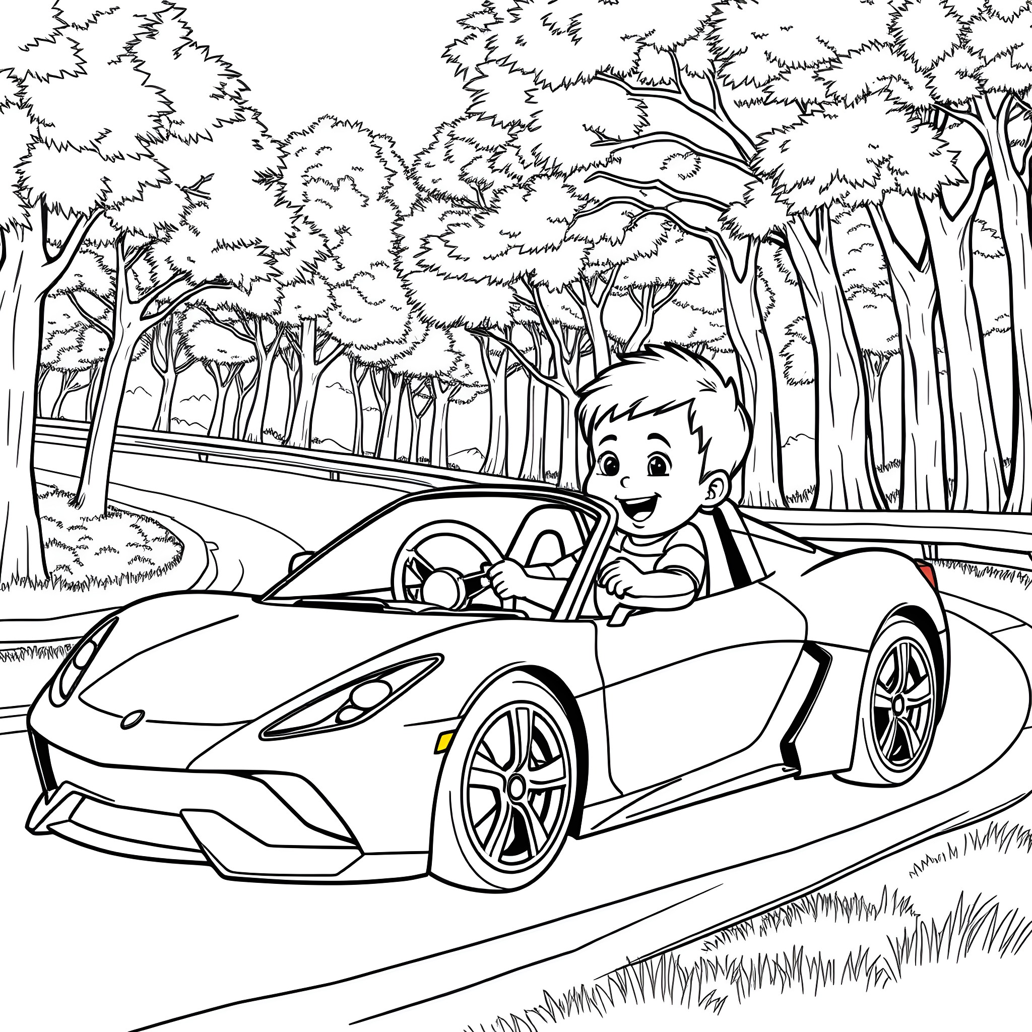 Baby driving a sports car through the forest Coloring Page (free black-and-white line drawing printable PDF for all, from beginners to advanced learners, including children, teens, adults, and seniors)