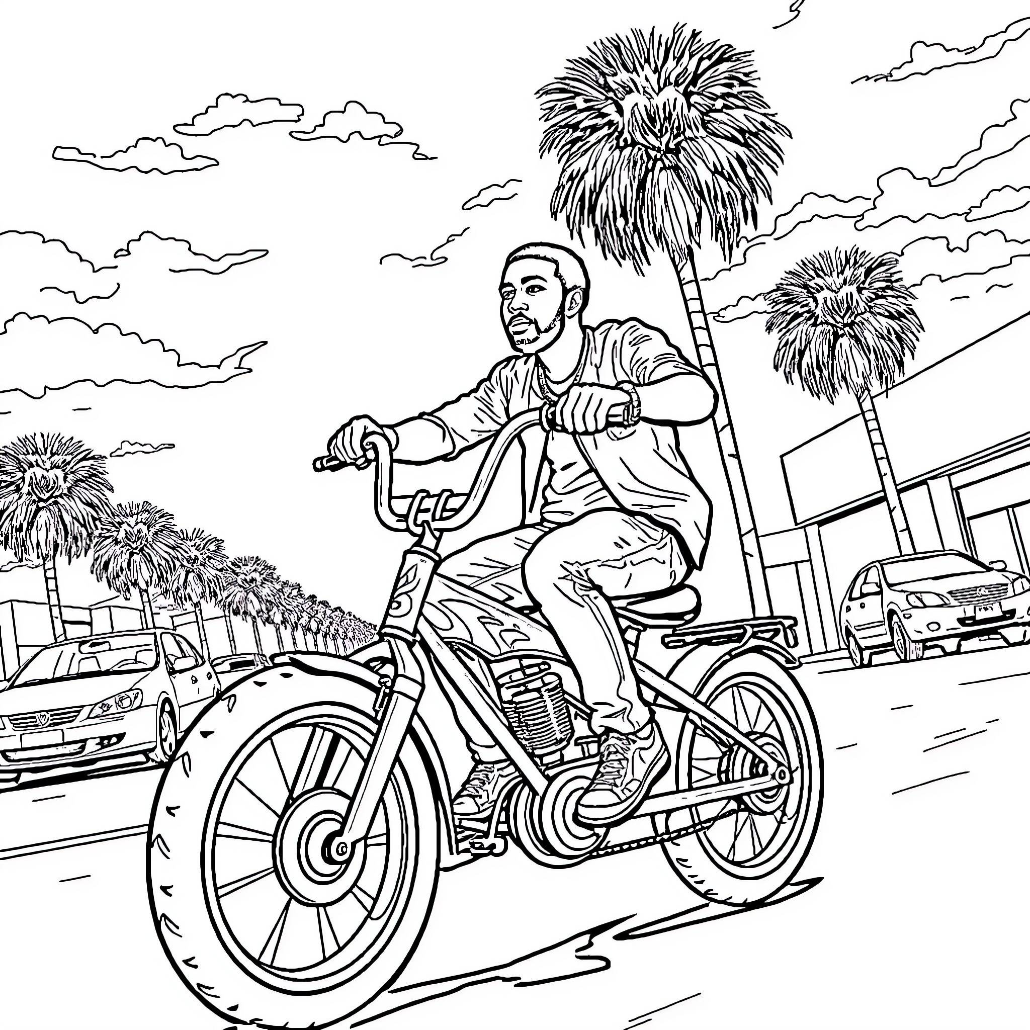 Kendrick Lamar riding a bicycle through a scenic urban landscape Coloring Page (free black-and-white line drawing printable PDF for all, from beginners to advanced learners, including children, teens, adults, and seniors)