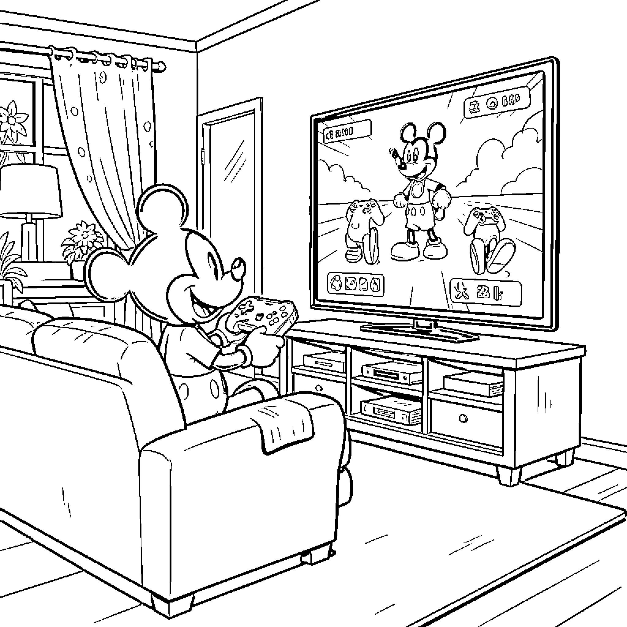 Mickey playing video games on a television Coloring Page (free black-and-white line drawing printable PDF for all, from beginners to advanced learners, including children, teens, adults, and seniors)