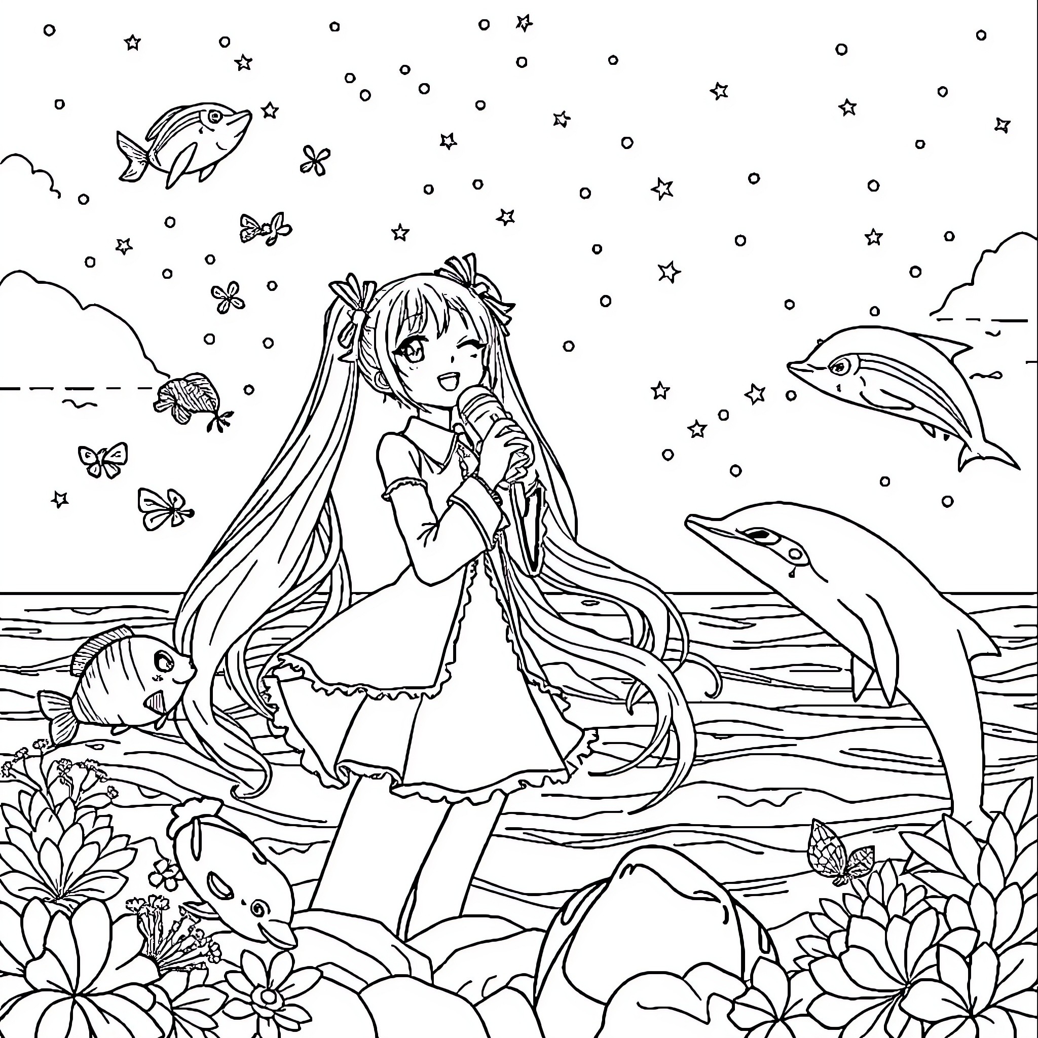 Hatsune Miku's Magical Underwater Adventure Coloring Page (free black-and-white line drawing printable PDF for all, from beginners to advanced learners, including children, teens, adults, and seniors)