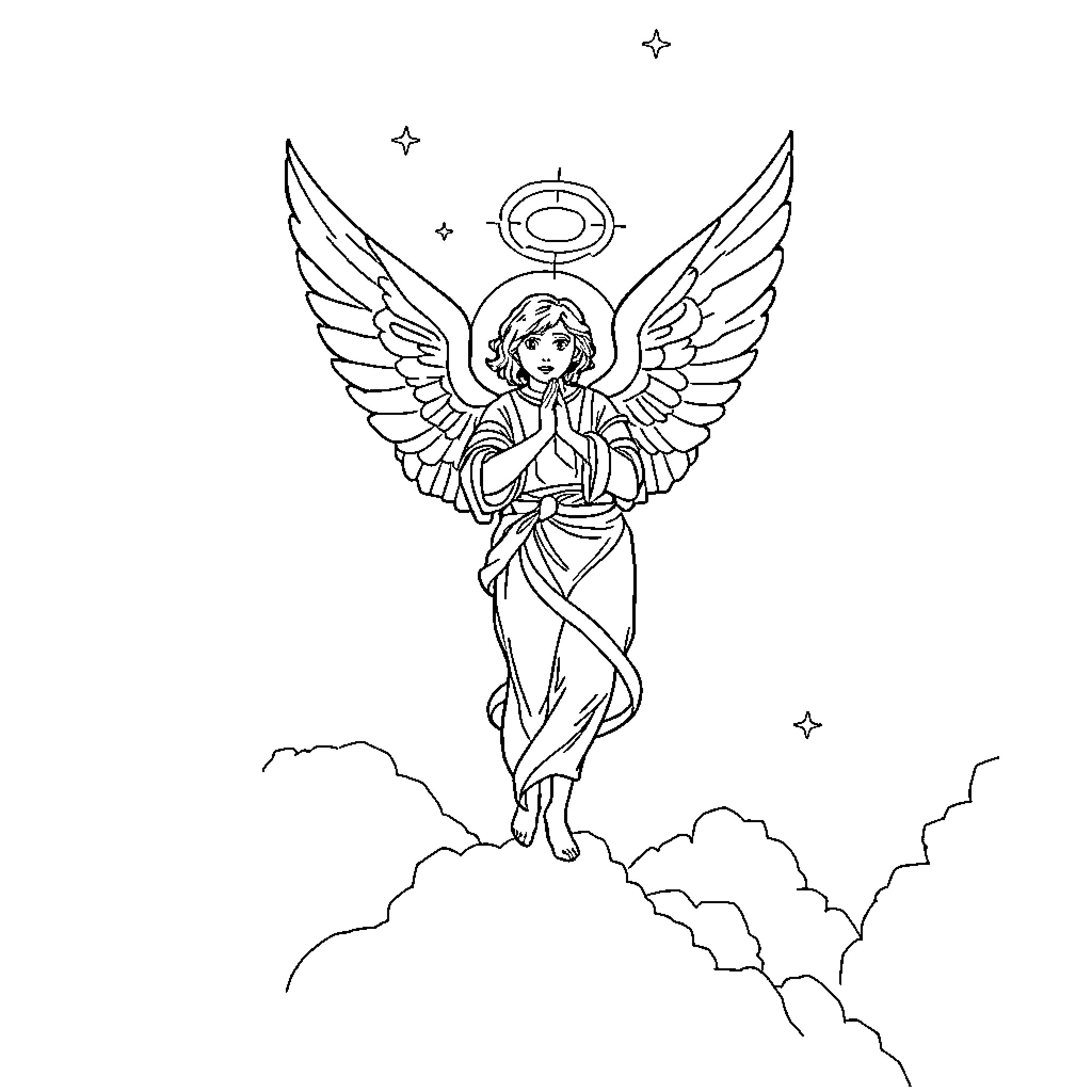 Angel of grace and serenity Coloring Page (free black-and-white line drawing printable PDF for all, from beginners to advanced learners, including children, teens, adults, and seniors)