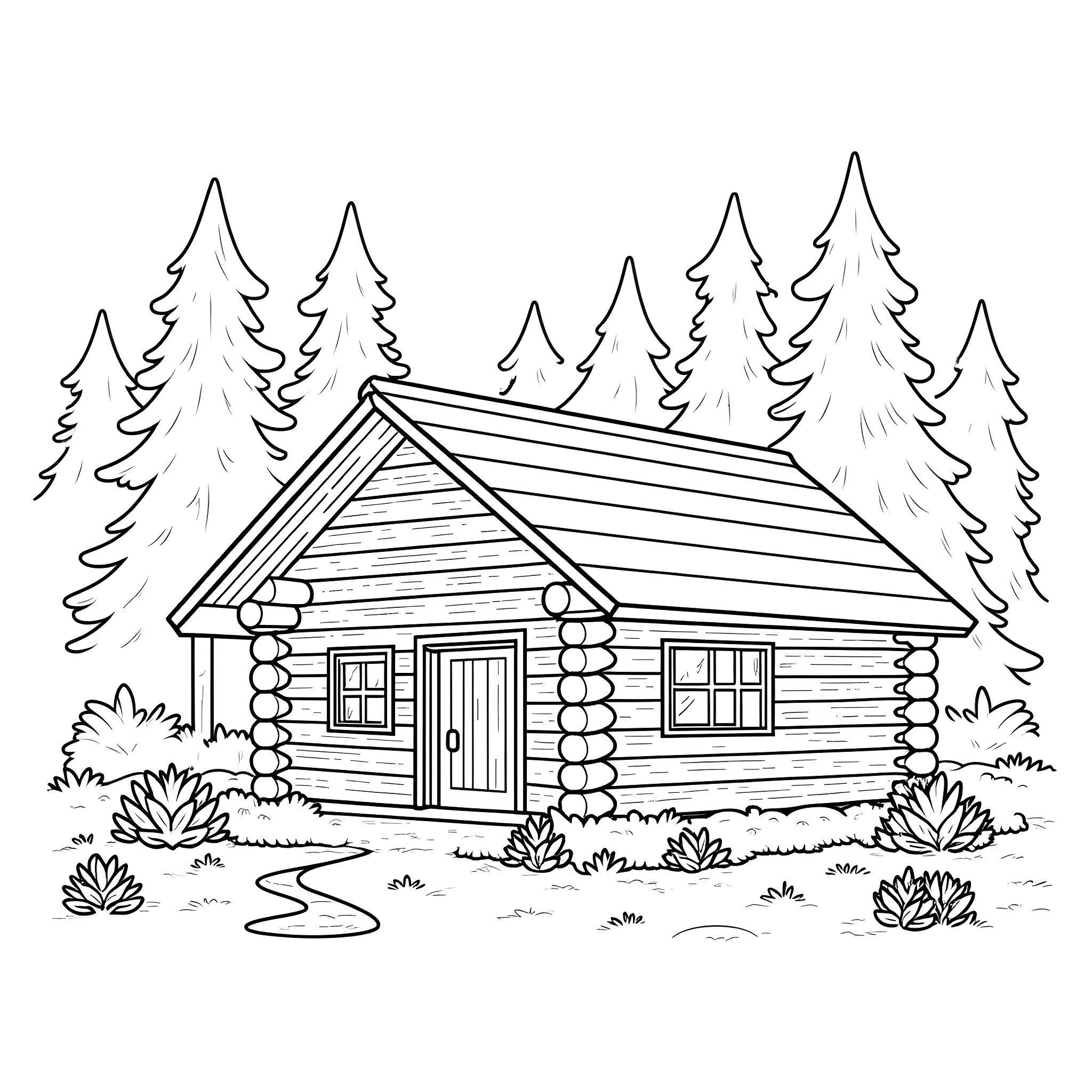 Log Cabin in the Peaceful Forest Coloring Page (free black-and-white line drawing printable PDF for all, from beginners to advanced learners, including children, teens, adults, and seniors)