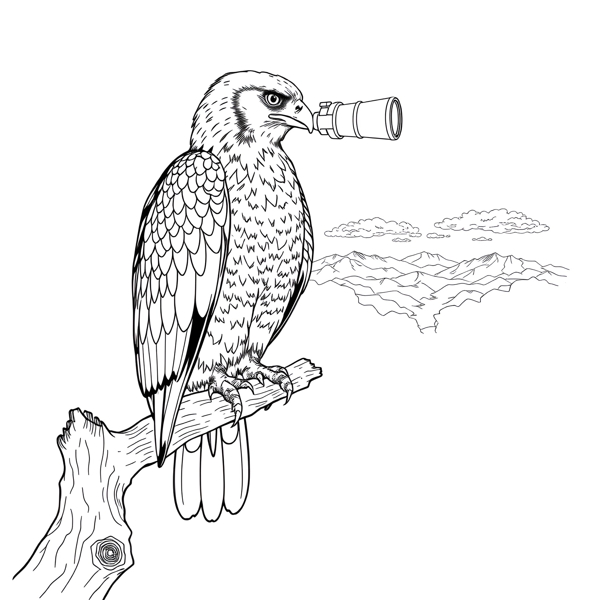 Hawk observing the landscape through binoculars Coloring Page (free black-and-white line drawing printable PDF for all, from beginners to advanced learners, including children, teens, adults, and seniors)
