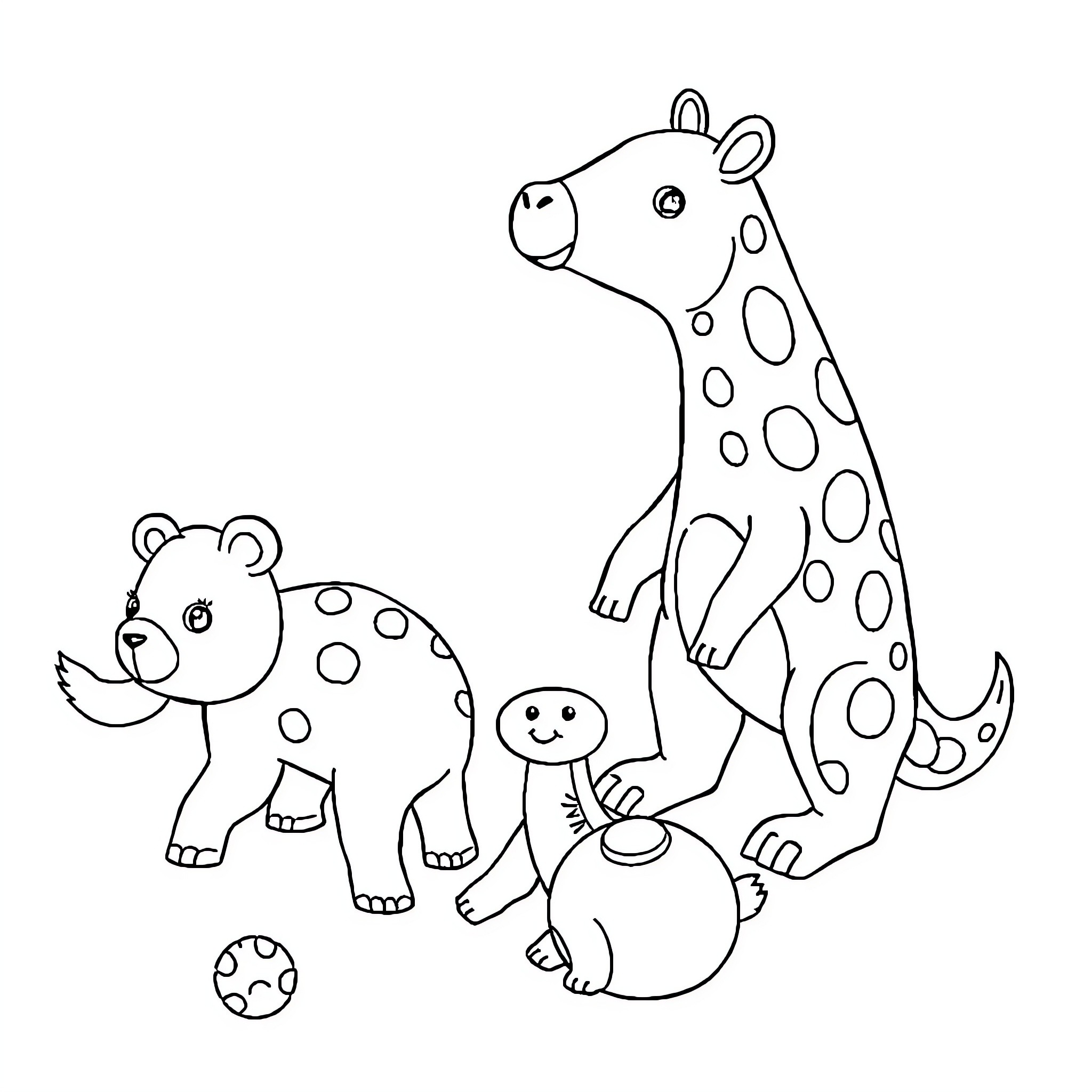 Animal friends playing together in a scene Coloring Page (free black-and-white line drawing printable PDF for all, from beginners to advanced learners, including children, teens, adults, and seniors)