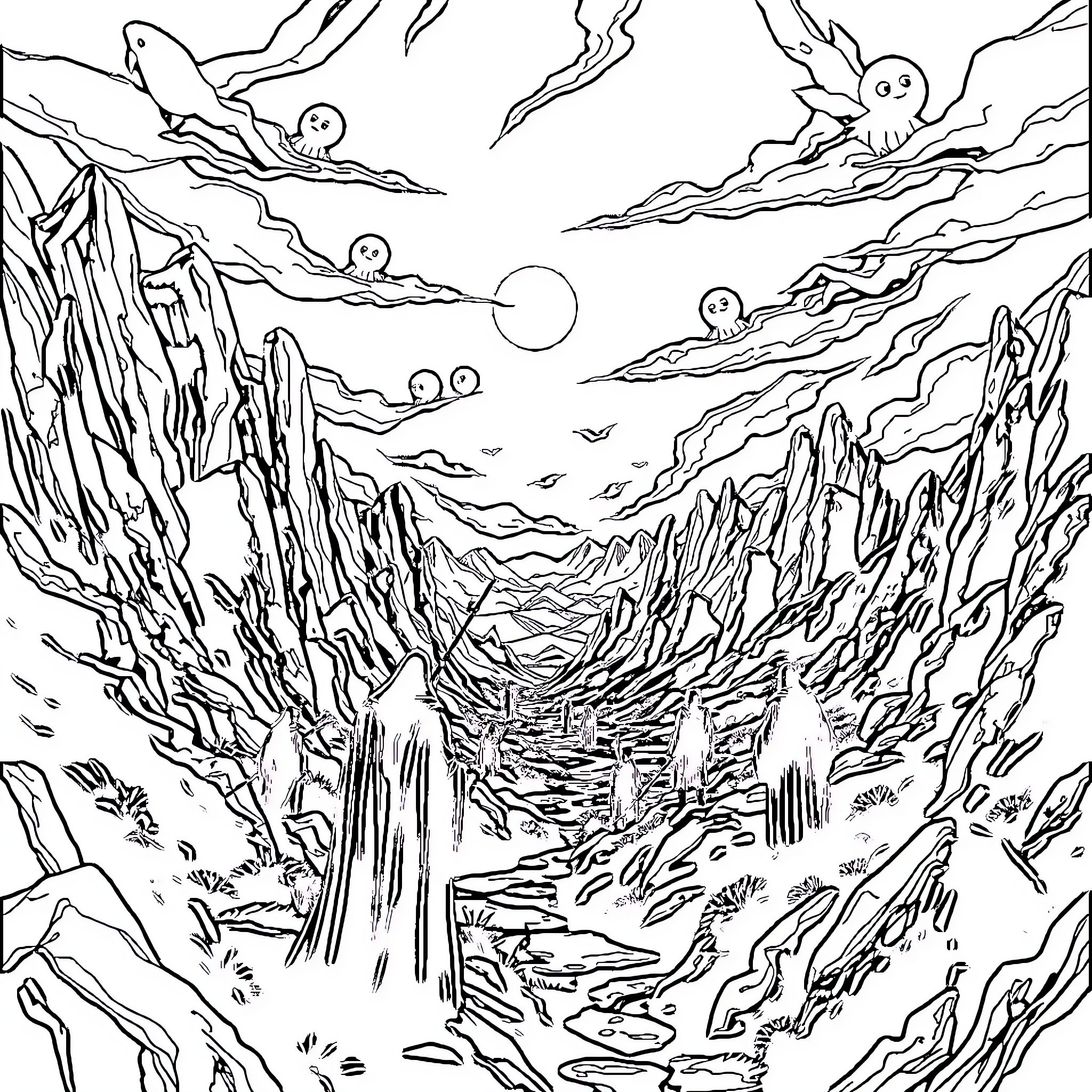 World of Fantastical Creatures in Surreal Landscape Coloring Page (free black-and-white line drawing printable PDF for all, from beginners to advanced learners, including children, teens, adults, and seniors)