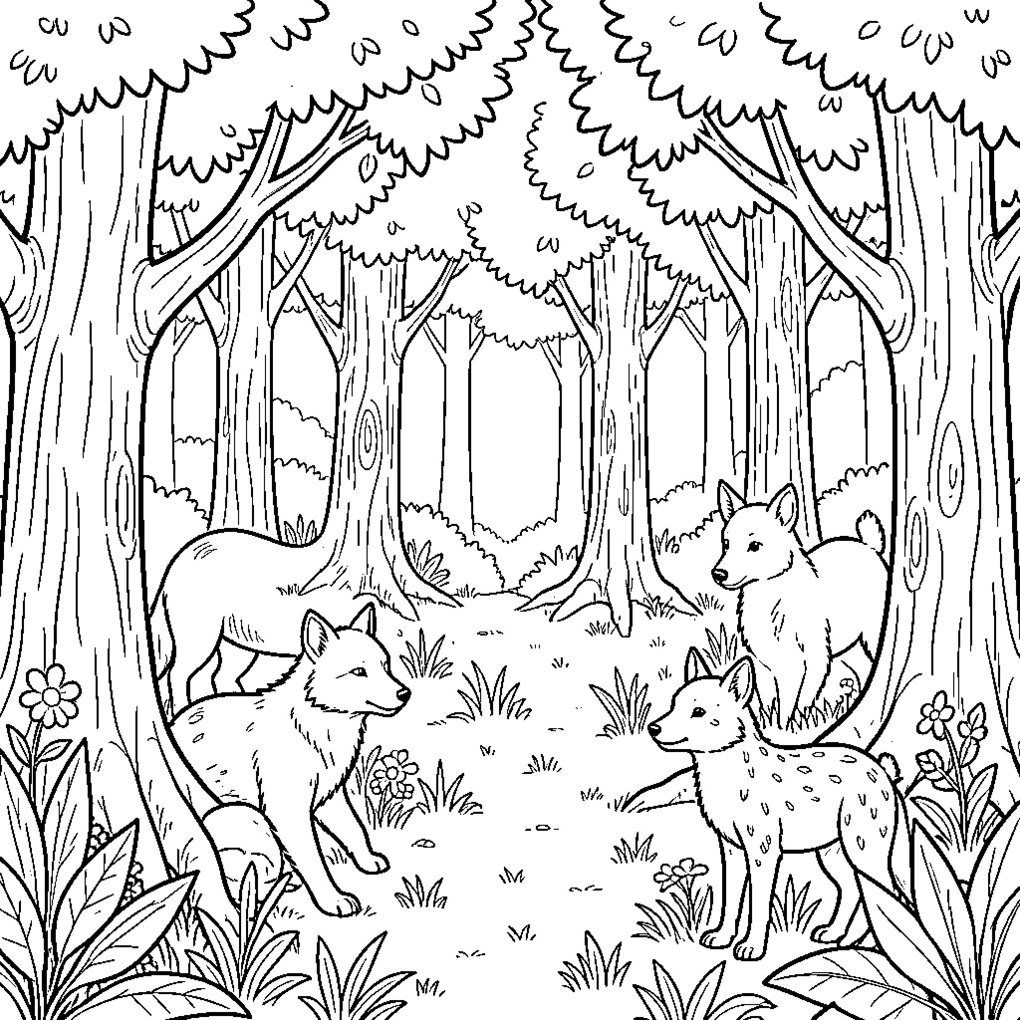 Forest Animal family walking through the dense trees Coloring Page (free black-and-white line drawing printable PDF for all, from beginners to advanced learners, including children, teens, adults, and seniors)