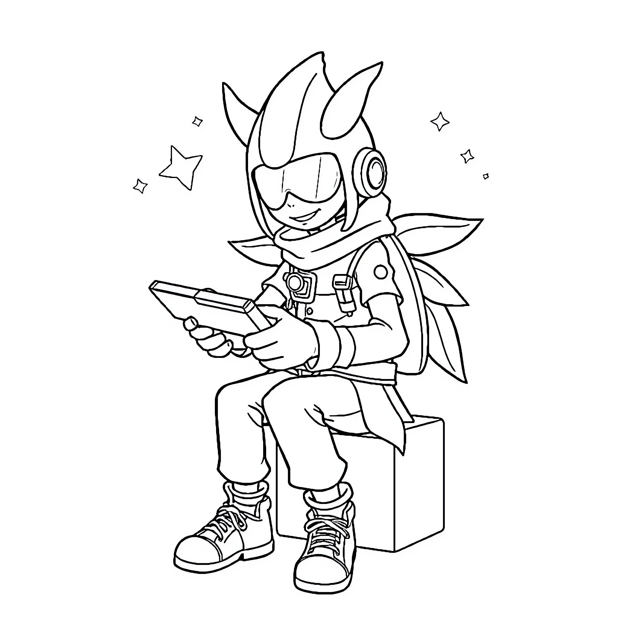Banana robot adventurer enjoying a journey Coloring Page (free black-and-white line drawing printable PDF for all, from beginners to advanced learners, including children, teens, adults, and seniors)
