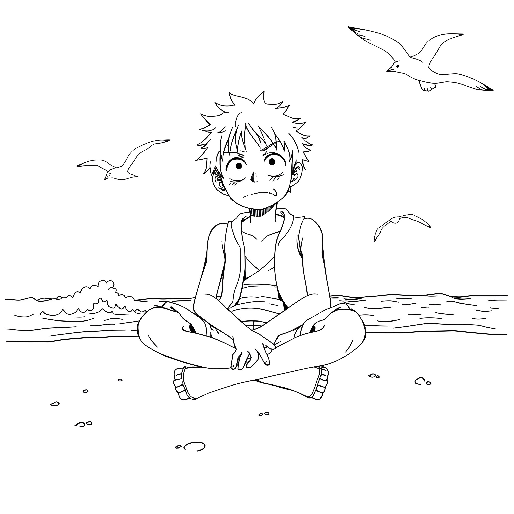 Luffy enjoying the peaceful ocean scenery Coloring Page (free black-and-white line drawing printable PDF for all, from beginners to advanced learners, including children, teens, adults, and seniors)