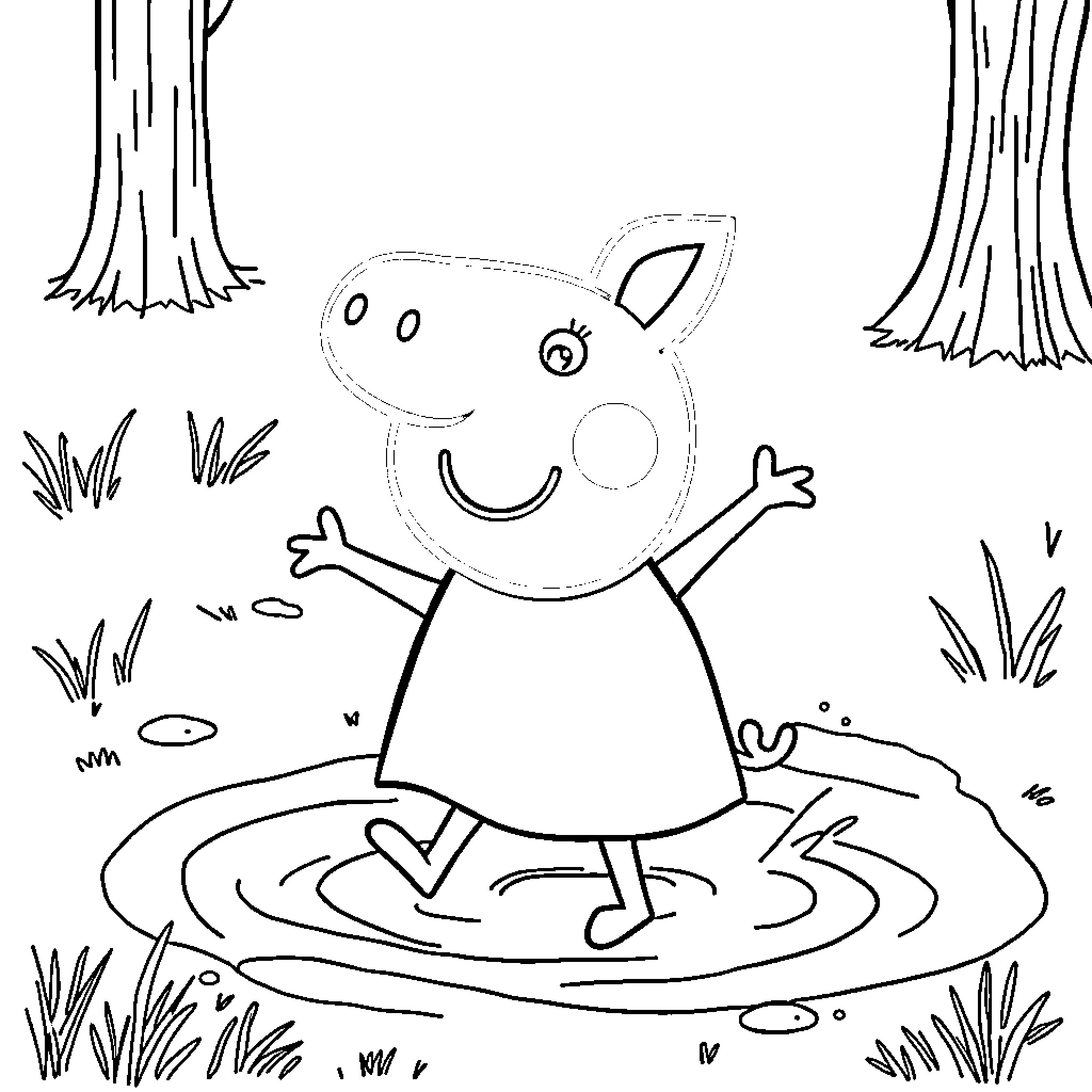 Peppa exploring the forest and puddles Coloring Page (free black-and-white line drawing printable PDF for all, from beginners to advanced learners, including children, teens, adults, and seniors)