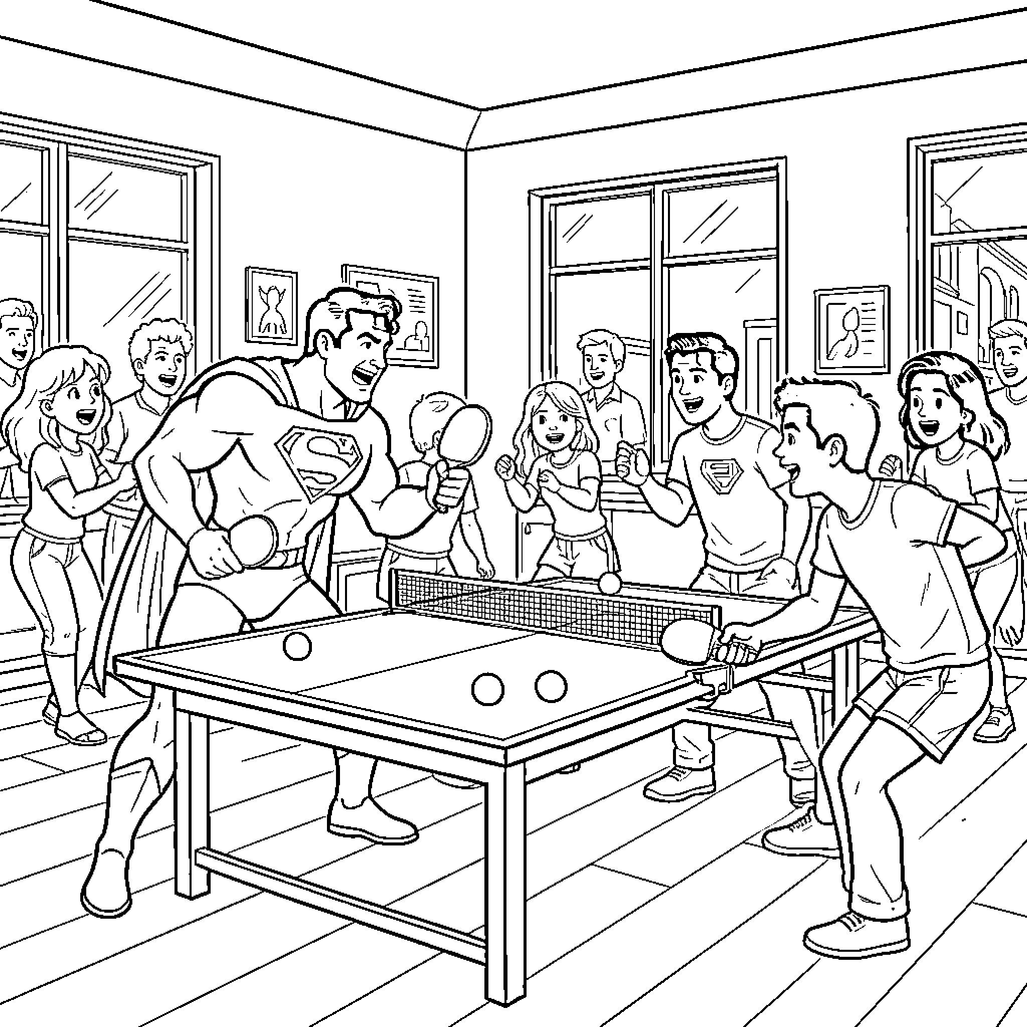 Superman playing a competitive game of table tennis Coloring Page (free black-and-white line drawing printable PDF for all, from beginners to advanced learners, including children, teens, adults, and seniors)