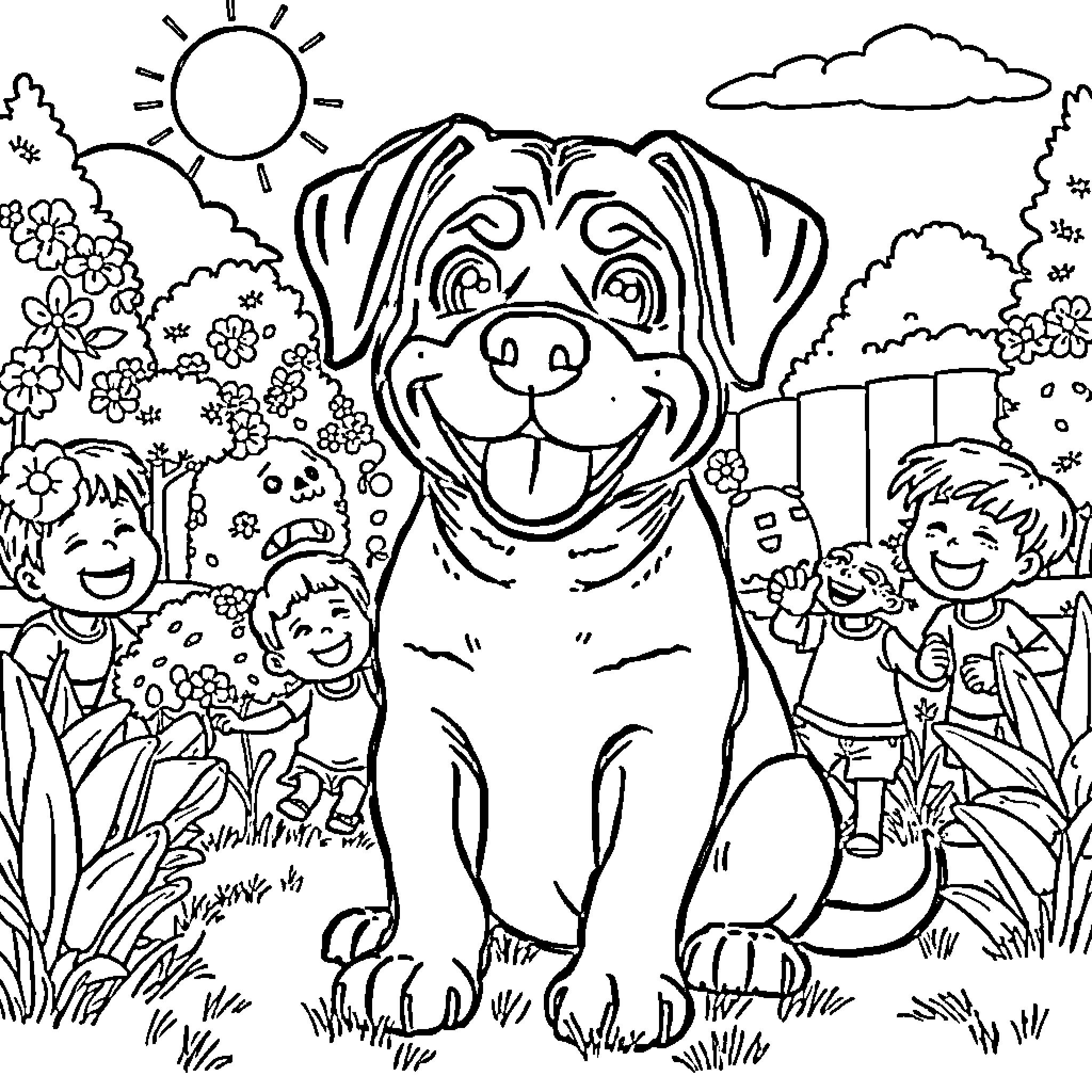 Rottweiler playing joyfully with children in a garden Coloring Page (free black-and-white line drawing printable PDF for all, from beginners to advanced learners, including children, teens, adults, and seniors)