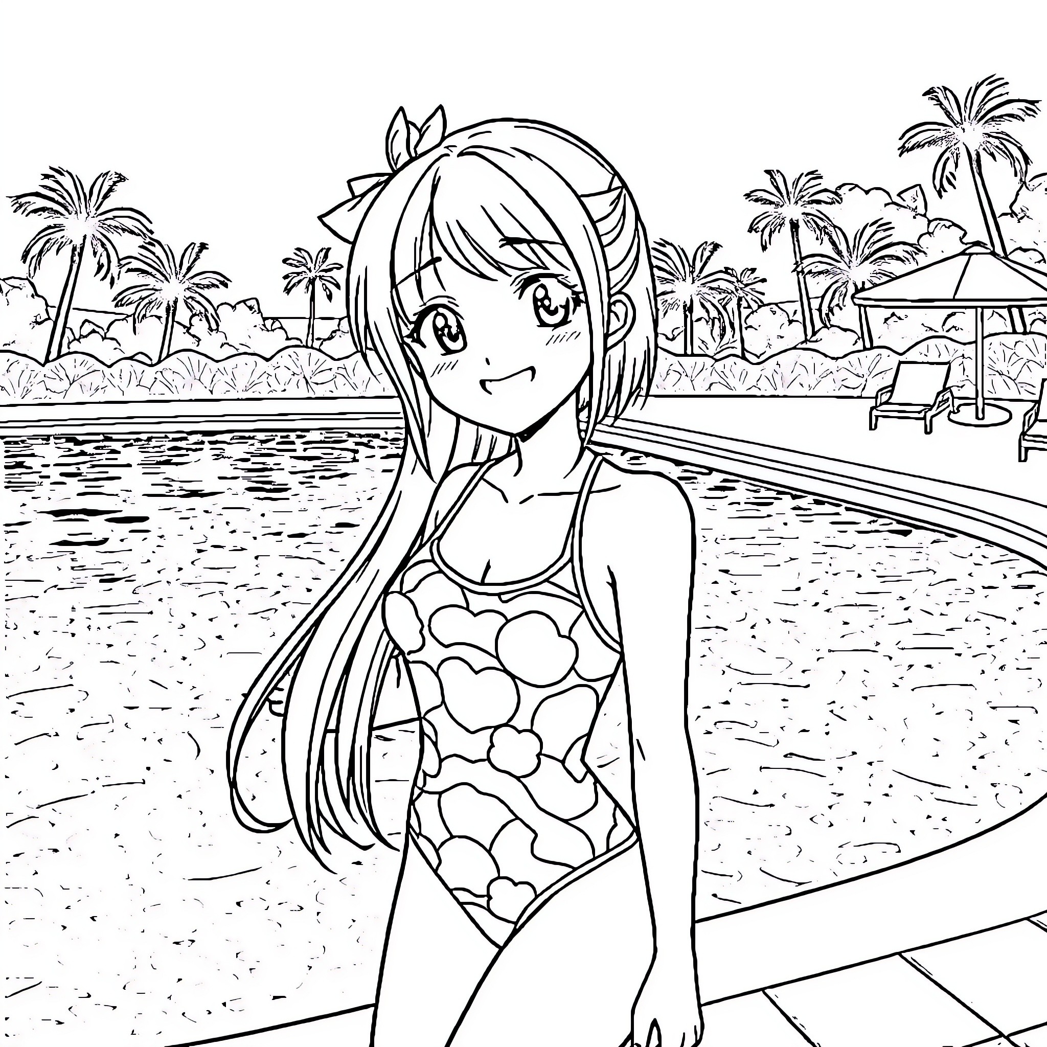 Anime Girl in Swimsuit by the Beach Coloring Page (free black-and-white line drawing printable PDF for all, from beginners to advanced learners, including children, teens, adults, and seniors)