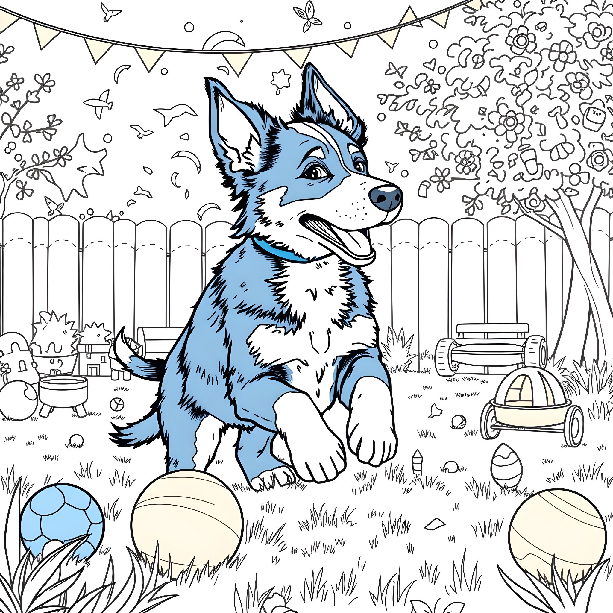Bluey enjoying the outdoors with friends and toys Coloring Page (free black-and-white line drawing printable PDF for all, from beginners to advanced learners, including children, teens, adults, and seniors)