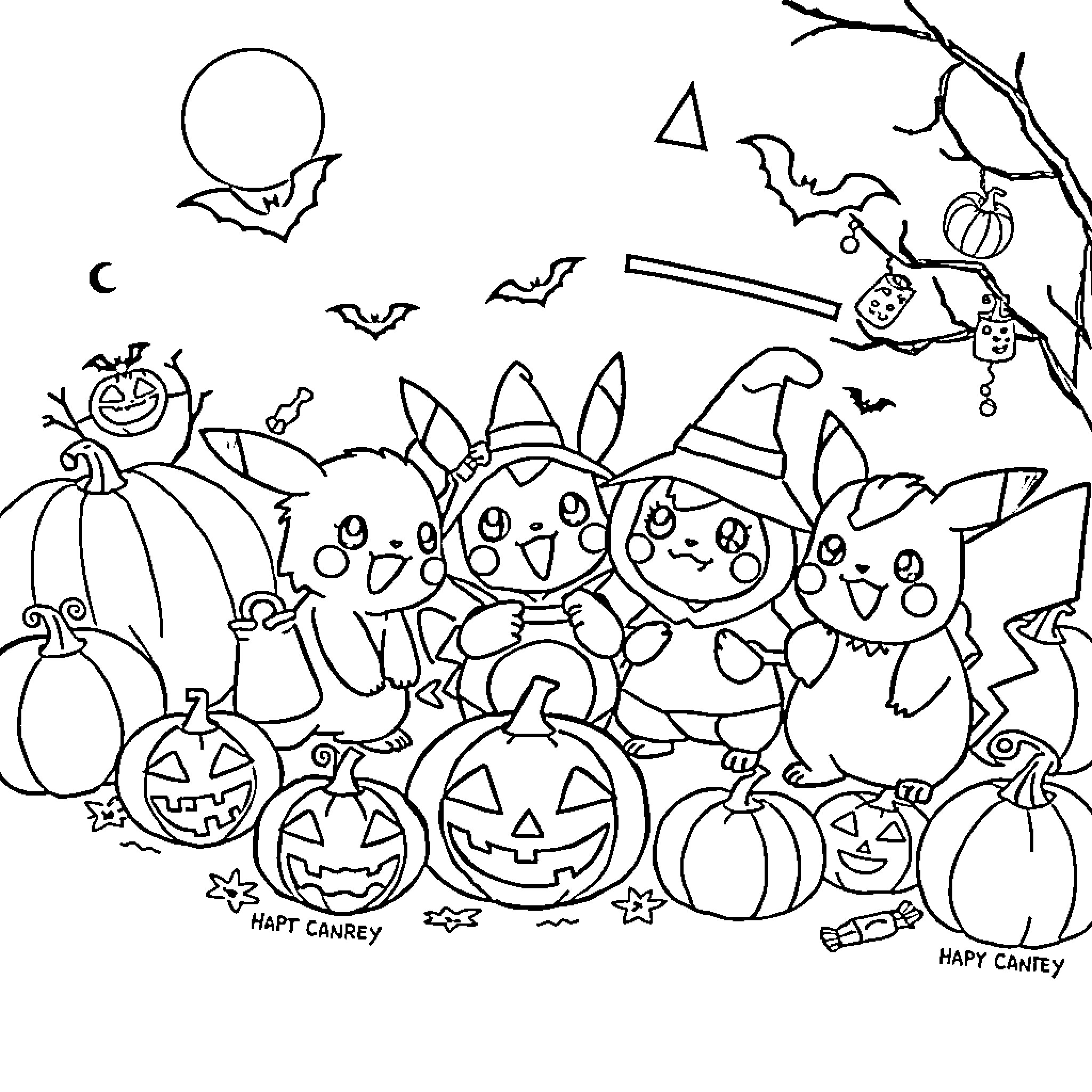 Pokémon characters celebrating Halloween with pumpkins and costumes Coloring Page (free black-and-white line drawing printable PDF for all, from beginners to advanced learners, including children, teens, adults, and seniors)