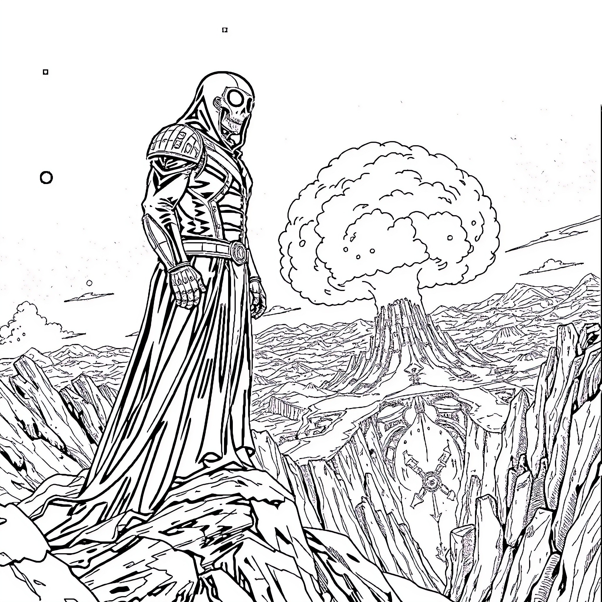 Ghost Reaper Wielding Scythe in Apocalyptic Landscape Coloring Page (free black-and-white line drawing printable PDF for all, from beginners to advanced learners, including children, teens, adults, and seniors)