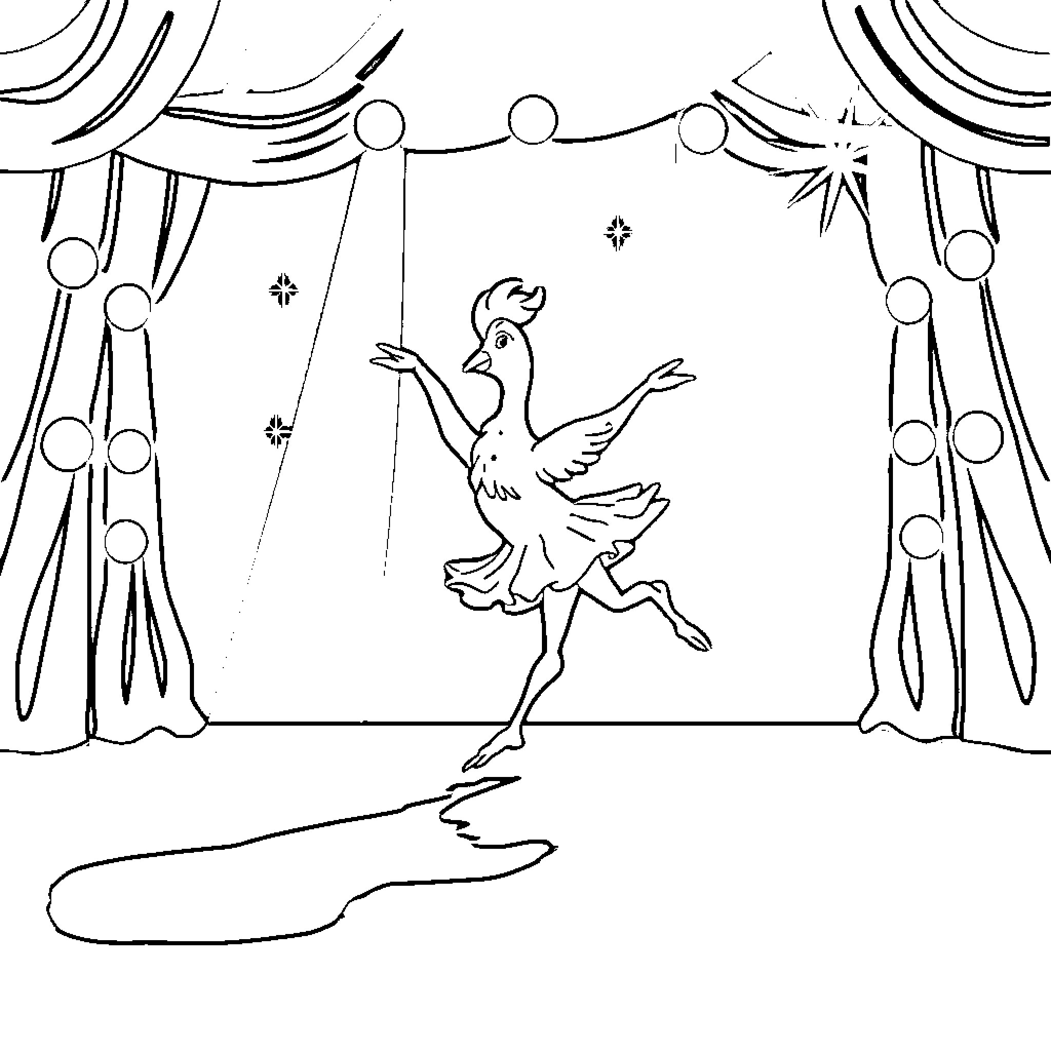Oveja performing graceful dance on stage Coloring Page (free black-and-white line drawing printable PDF for all, from beginners to advanced learners, including children, teens, adults, and seniors)