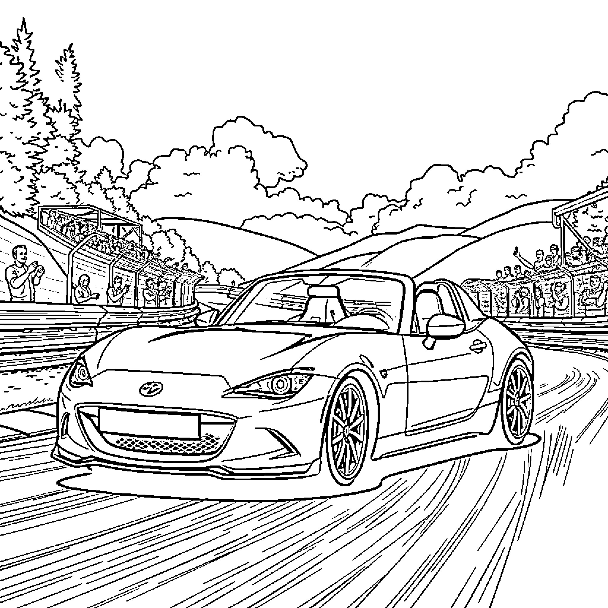 Miata speeding through the racetrack Coloring Page (free black-and-white line drawing printable PDF for all, from beginners to advanced learners, including children, teens, adults, and seniors)