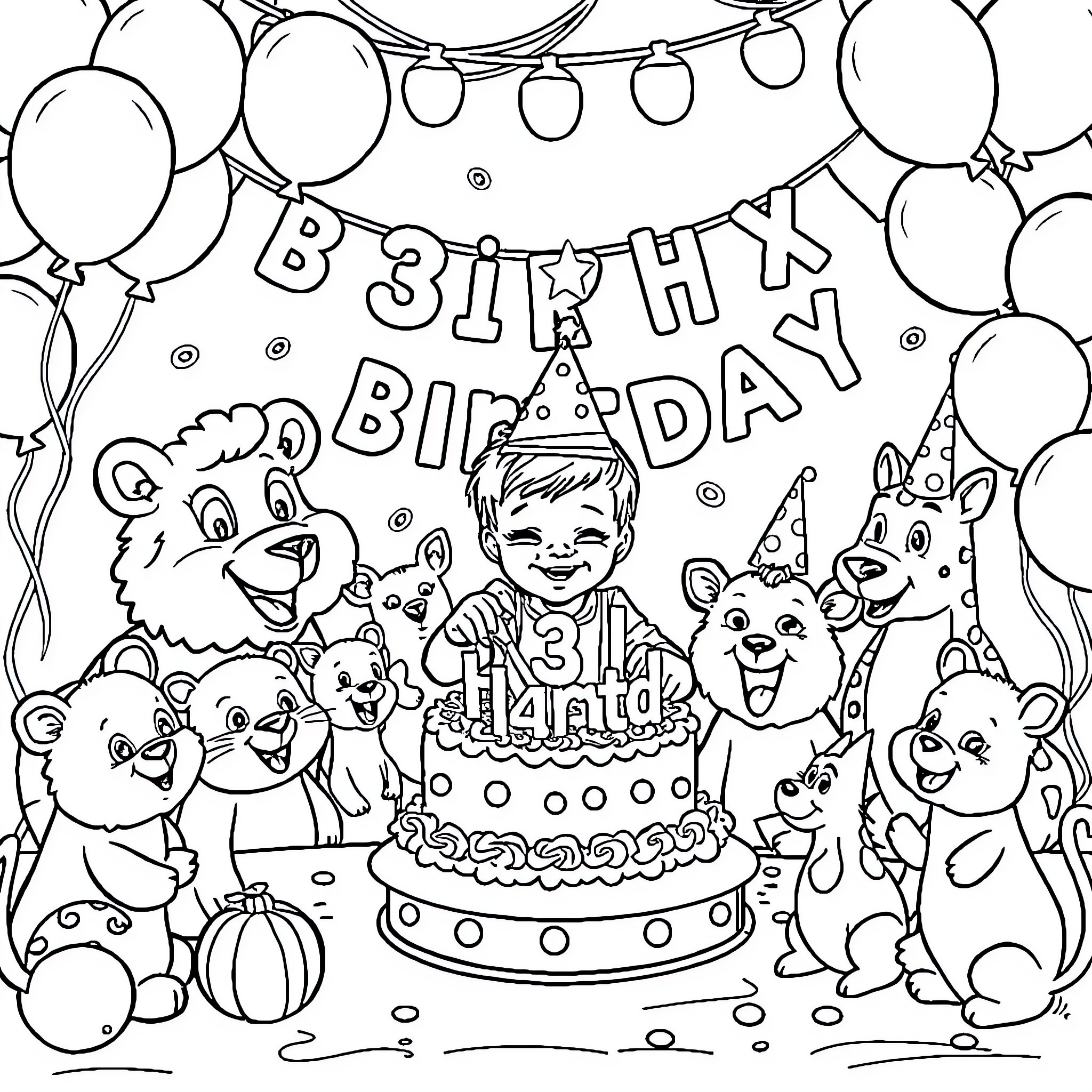 Animal birthday party with cake and decorations Coloring Page (free black-and-white line drawing printable PDF for all, from beginners to advanced learners, including children, teens, adults, and seniors)