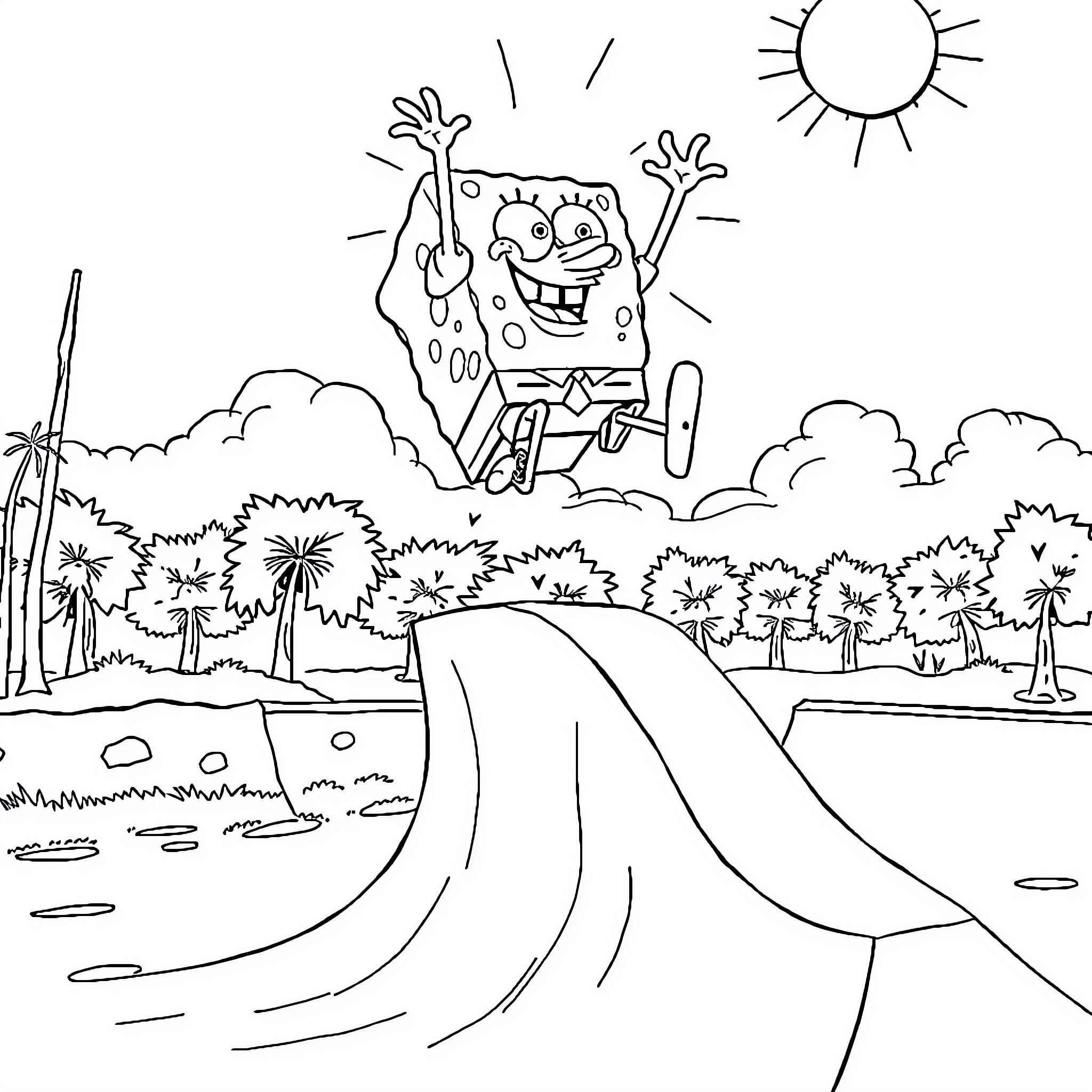 Spongebob having fun in the sunny outdoors Coloring Page (free black-and-white line drawing printable PDF for all, from beginners to advanced learners, including children, teens, adults, and seniors)