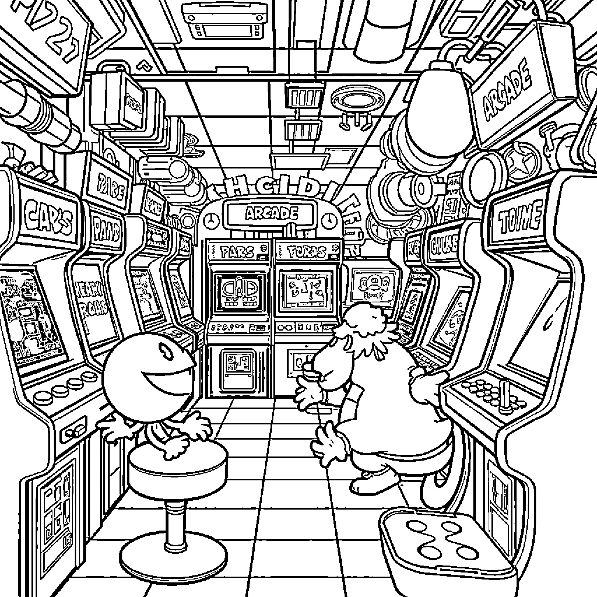 Video Game Character in Retro Arcade Setting Coloring Page (free black-and-white line drawing printable PDF for all, from beginners to advanced learners, including children, teens, adults, and seniors)