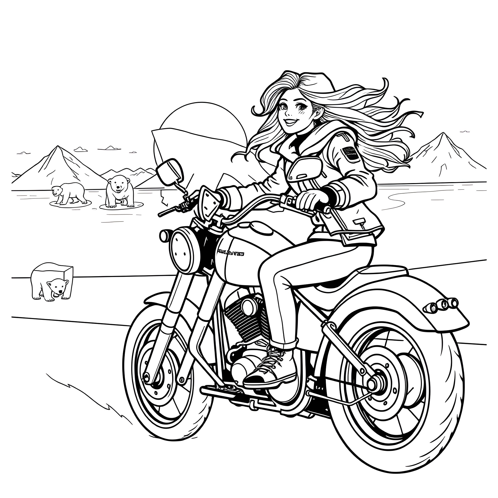UTZ Girl riding motorcycle in the mountains Coloring Page (free black-and-white line drawing printable PDF for all, from beginners to advanced learners, including children, teens, adults, and seniors)