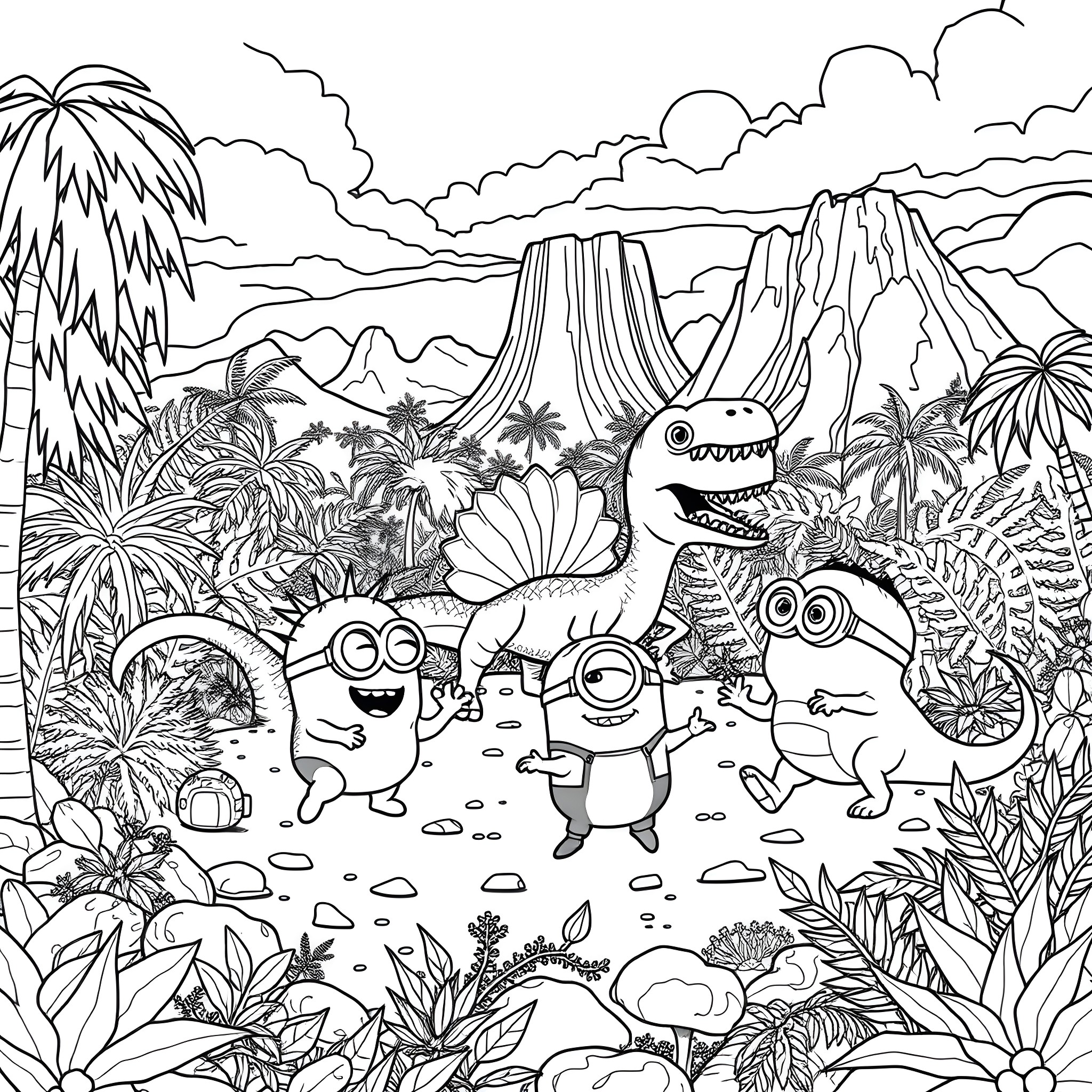 Dinosaurs exploring a prehistoric landscape Coloring Page (free black-and-white line drawing printable PDF for all, from beginners to advanced learners, including children, teens, adults, and seniors)