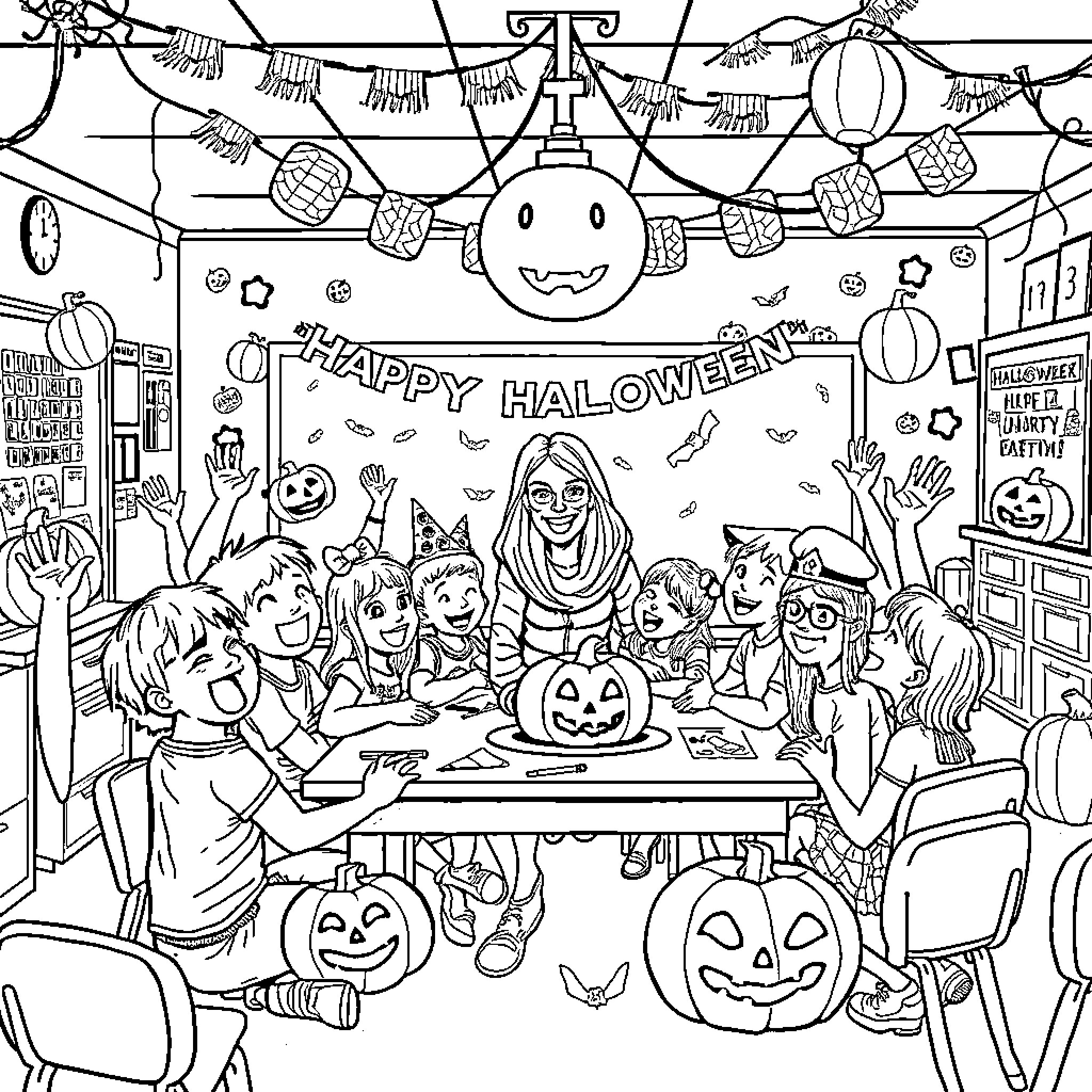 Students Celebrate Festive Halloween Party Coloring Page (free black-and-white line drawing printable PDF for all, from beginners to advanced learners, including children, teens, adults, and seniors)