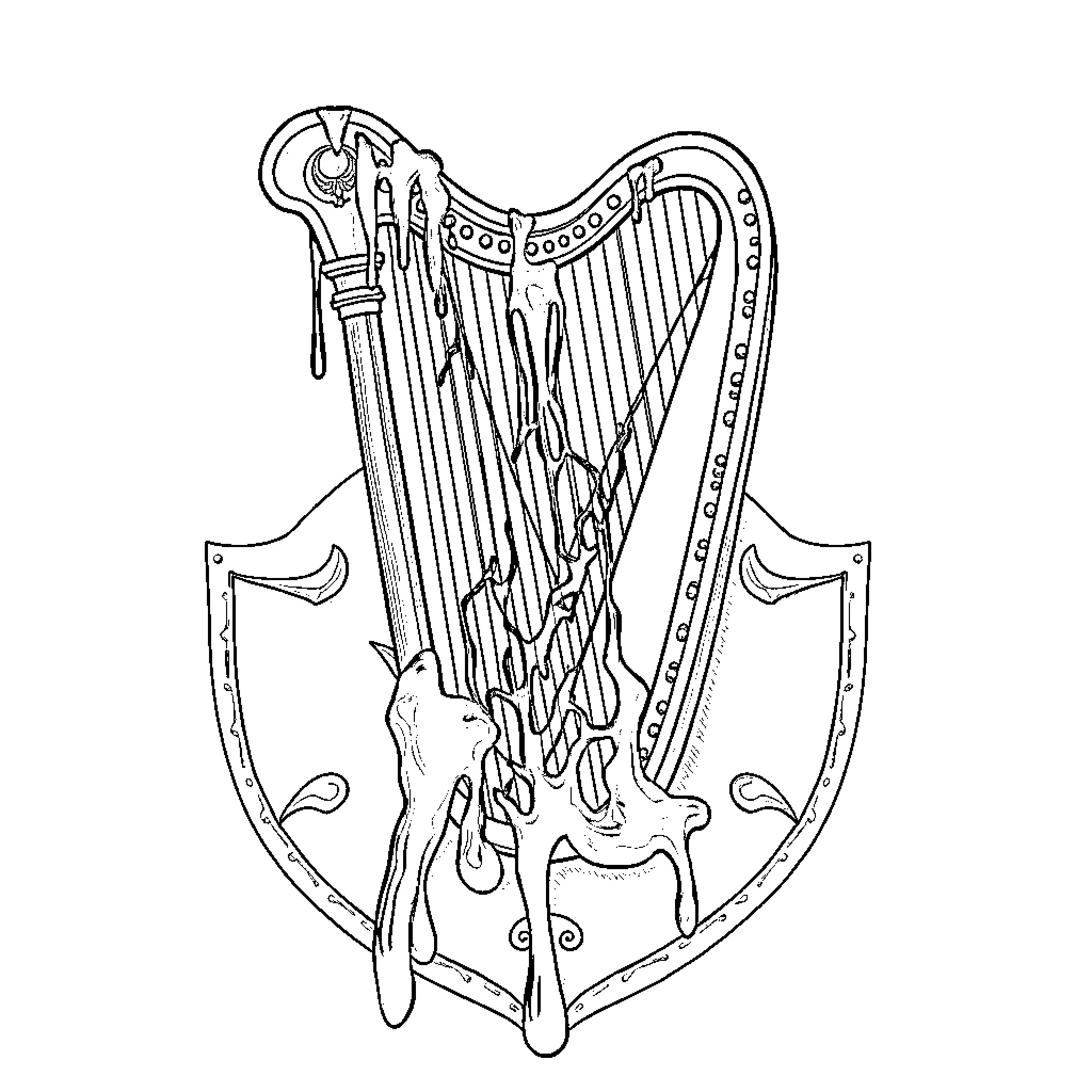 Harp with Intricate Design and Flowing Patterns Coloring Page (free black-and-white line drawing printable PDF for all, from beginners to advanced learners, including children, teens, adults, and seniors)