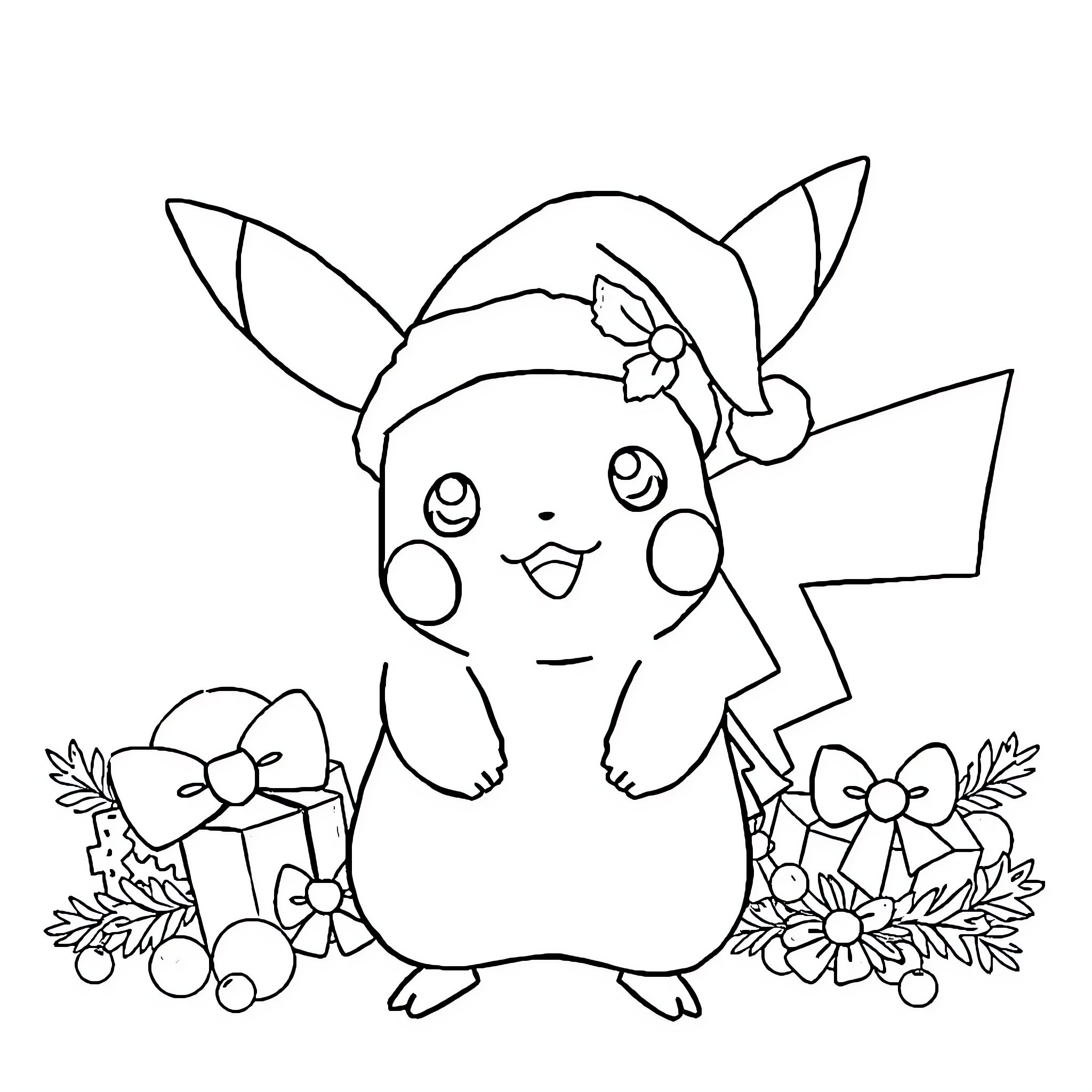 Pikachu in festive holiday attire Coloring Page (free black-and-white line drawing printable PDF for all, from beginners to advanced learners, including children, teens, adults, and seniors)