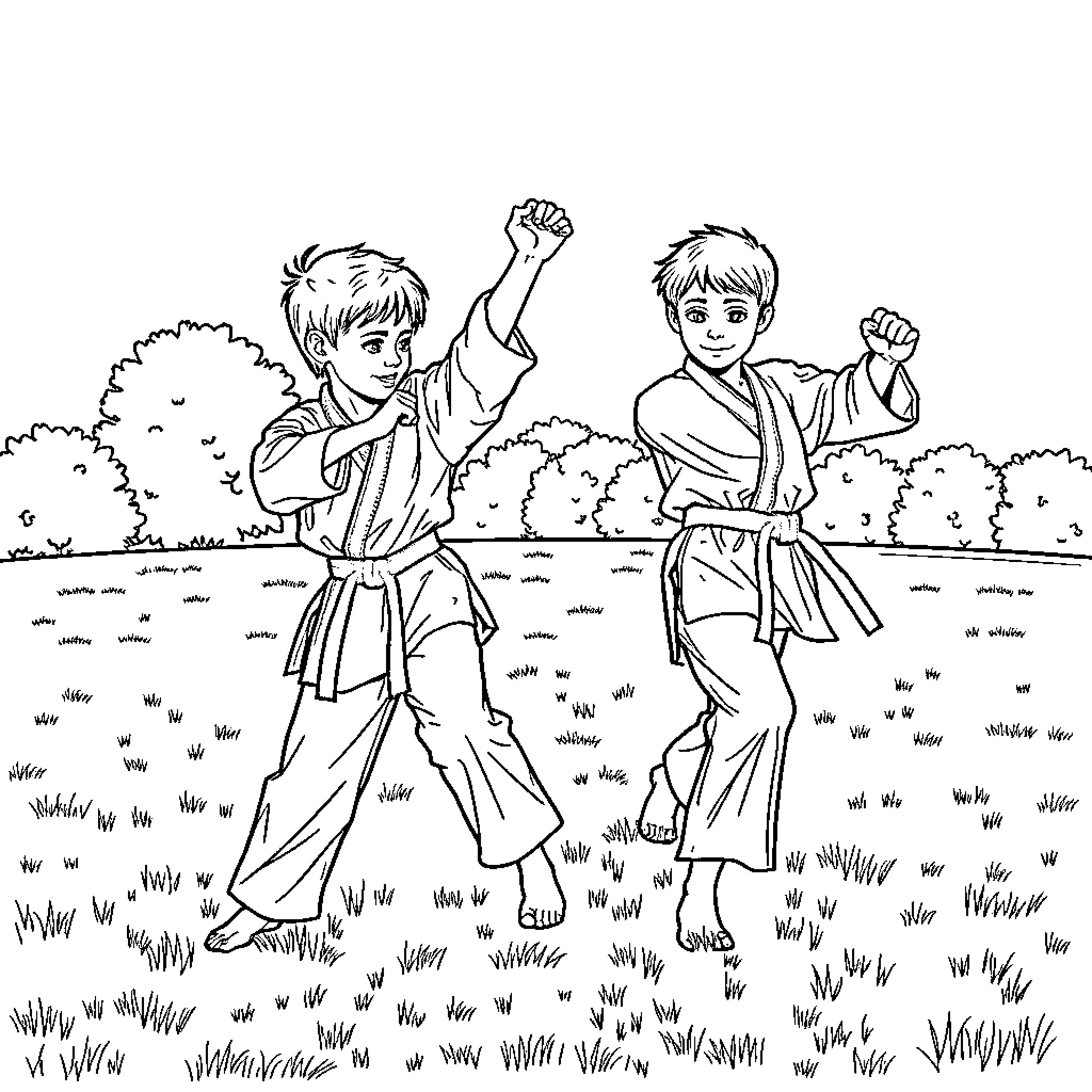 Karate Sheep Perform Traditional Martial Arts Poses Coloring Page (free black-and-white line drawing printable PDF for all, from beginners to advanced learners, including children, teens, adults, and seniors)