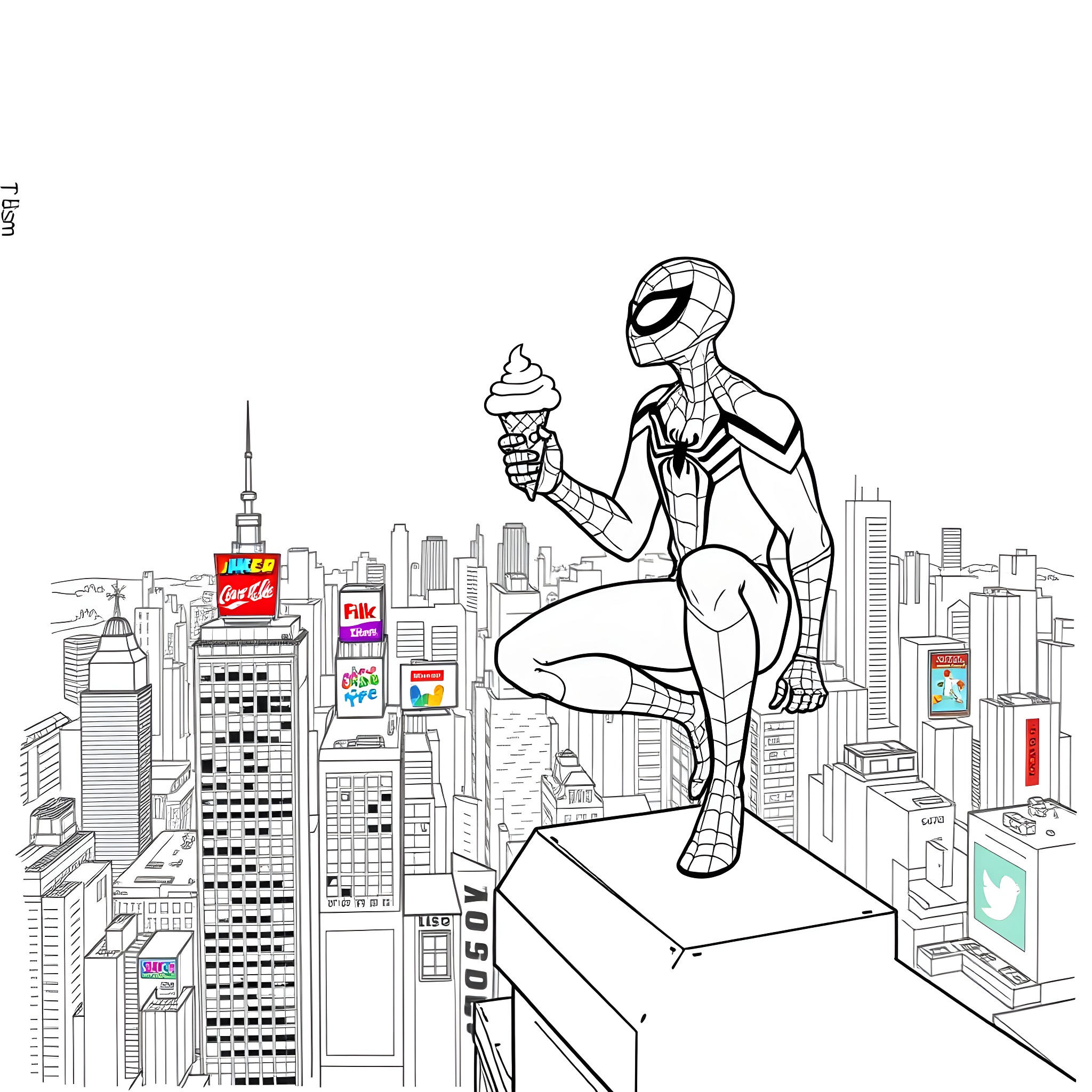 Spider-Man enjoying a sweet treat overlooking the city Coloring Page (free black-and-white line drawing printable PDF for all, from beginners to advanced learners, including children, teens, adults, and seniors)